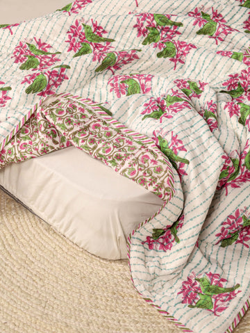 Green and Pink Single Bed Reversible Quilted Razai