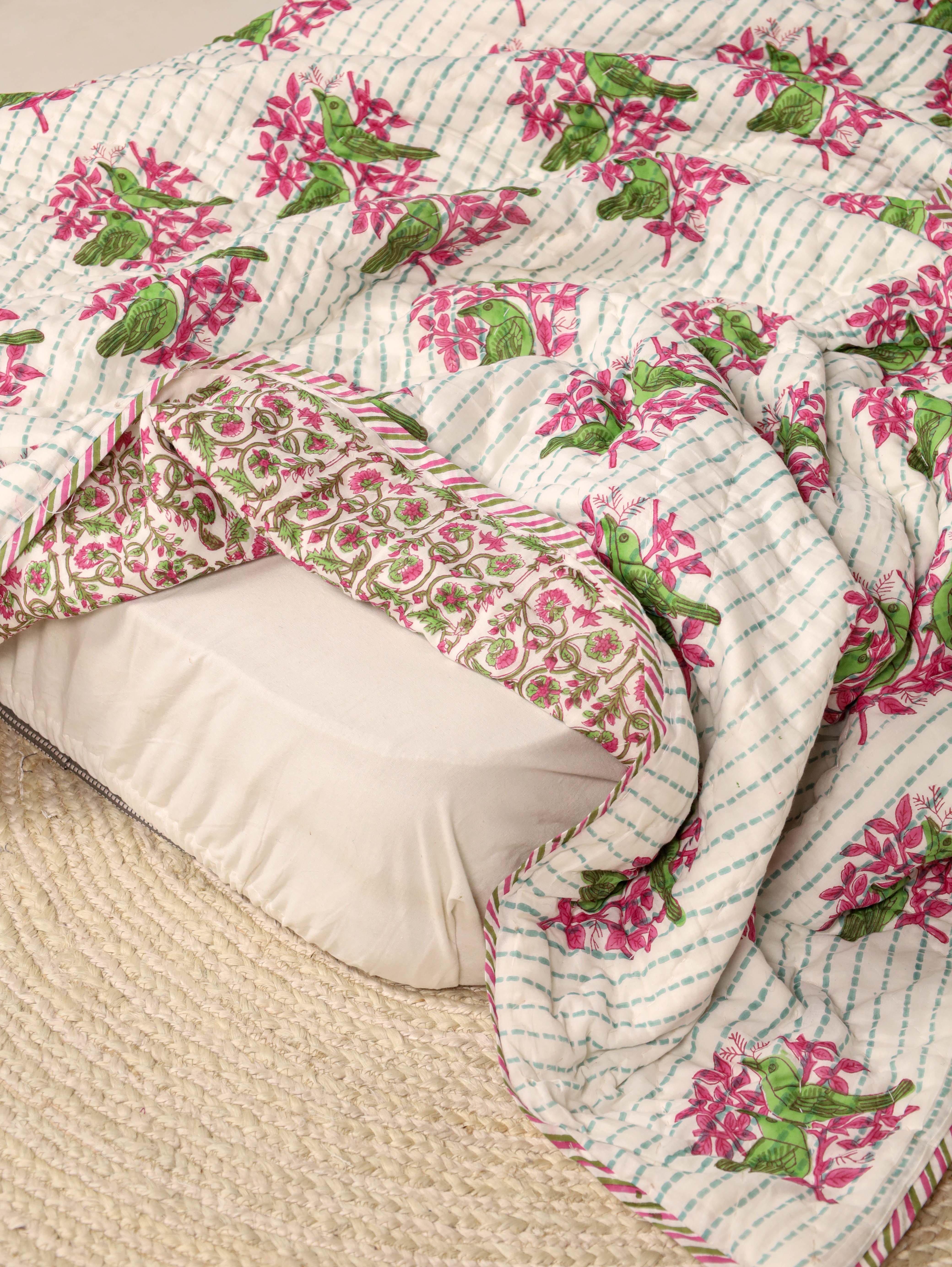 Green and Pink Single Bed Reversible Quilted Razai