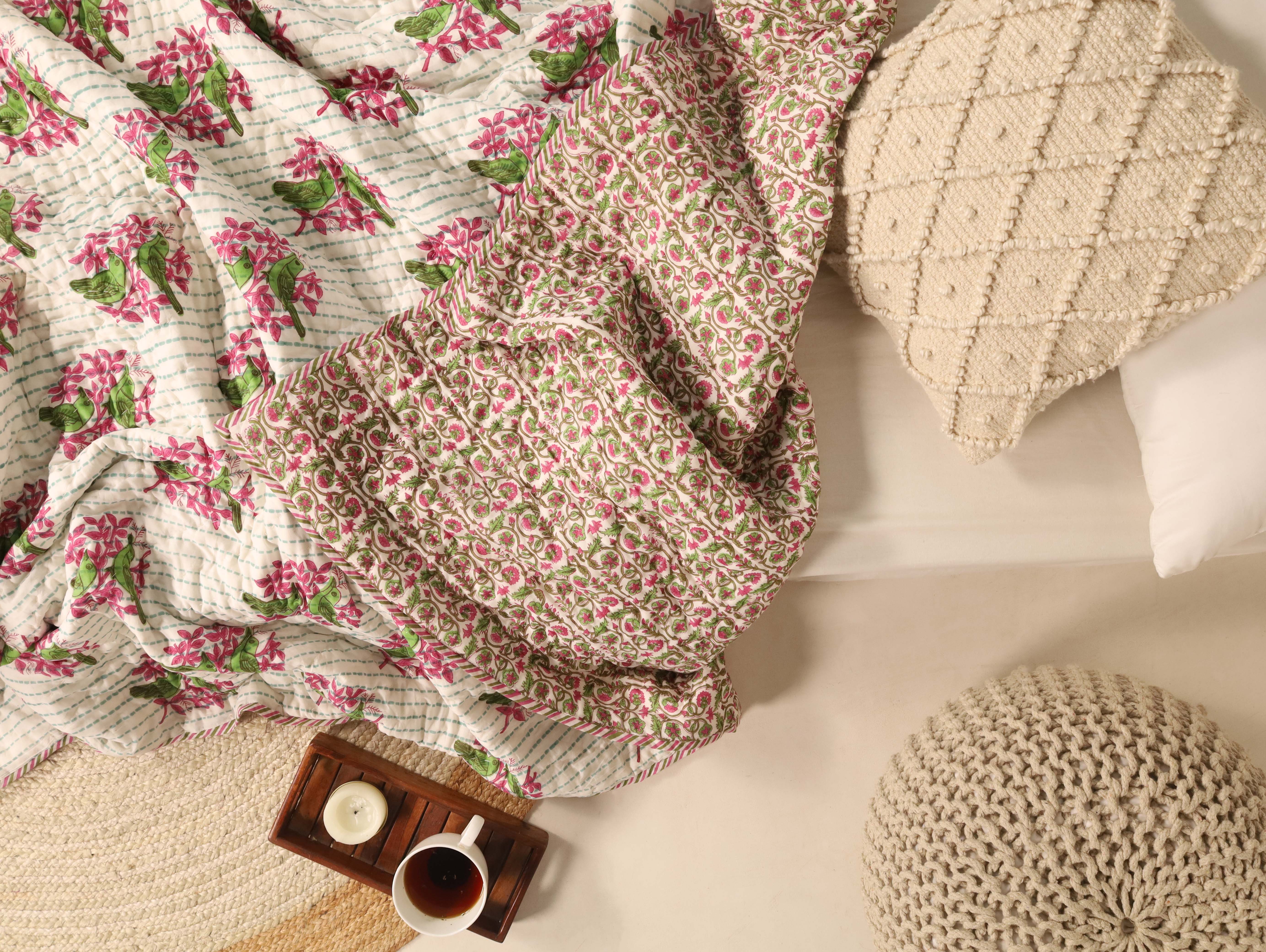 Green and Pink Single Bed Reversible Quilted Razai