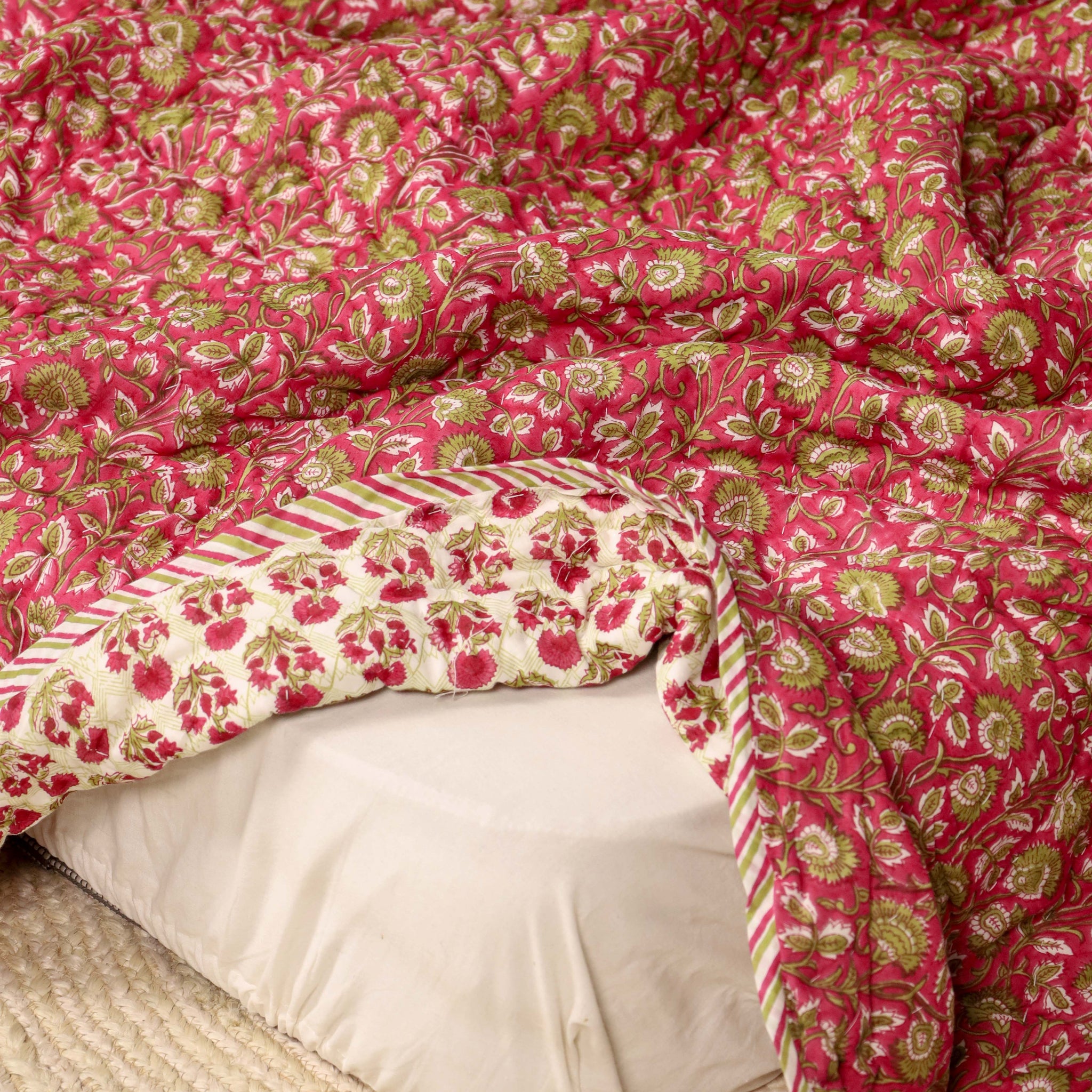 Green and Hot Pink Single Bed Reversible Quilted Razai