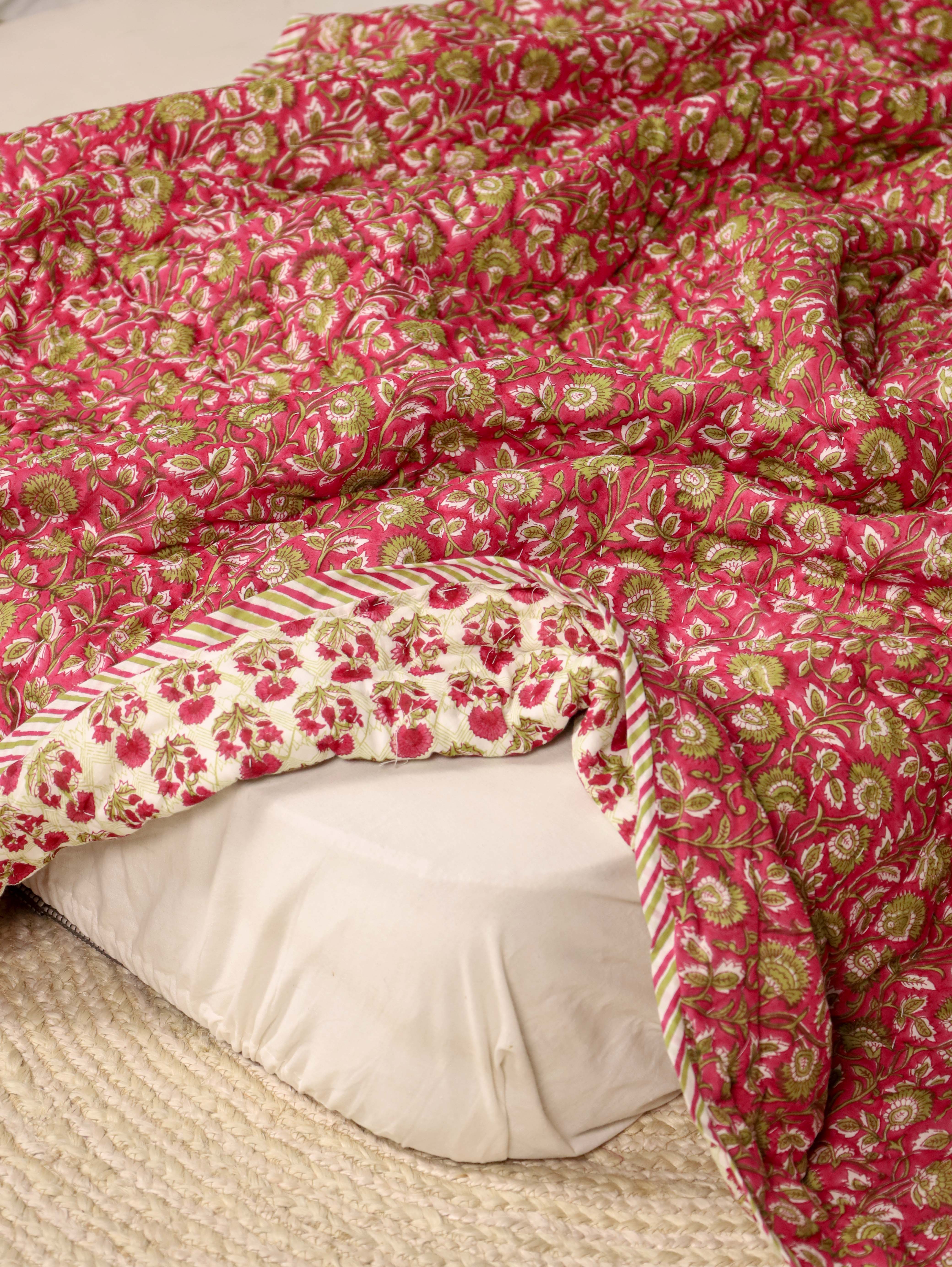 Green and Hot Pink Single Bed Reversible Quilted Razai