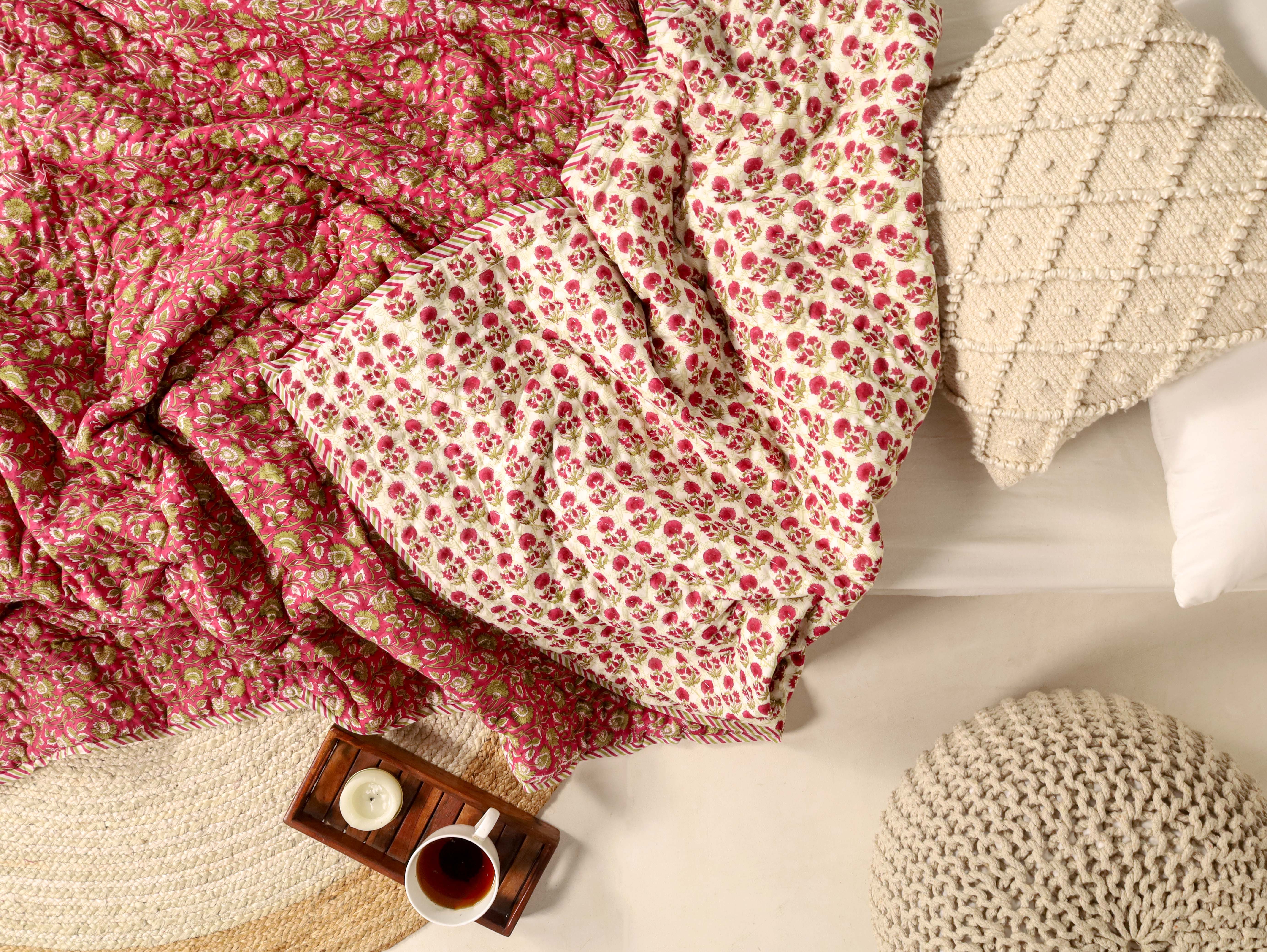 Green and Hot Pink Single Bed Reversible Quilted Razai