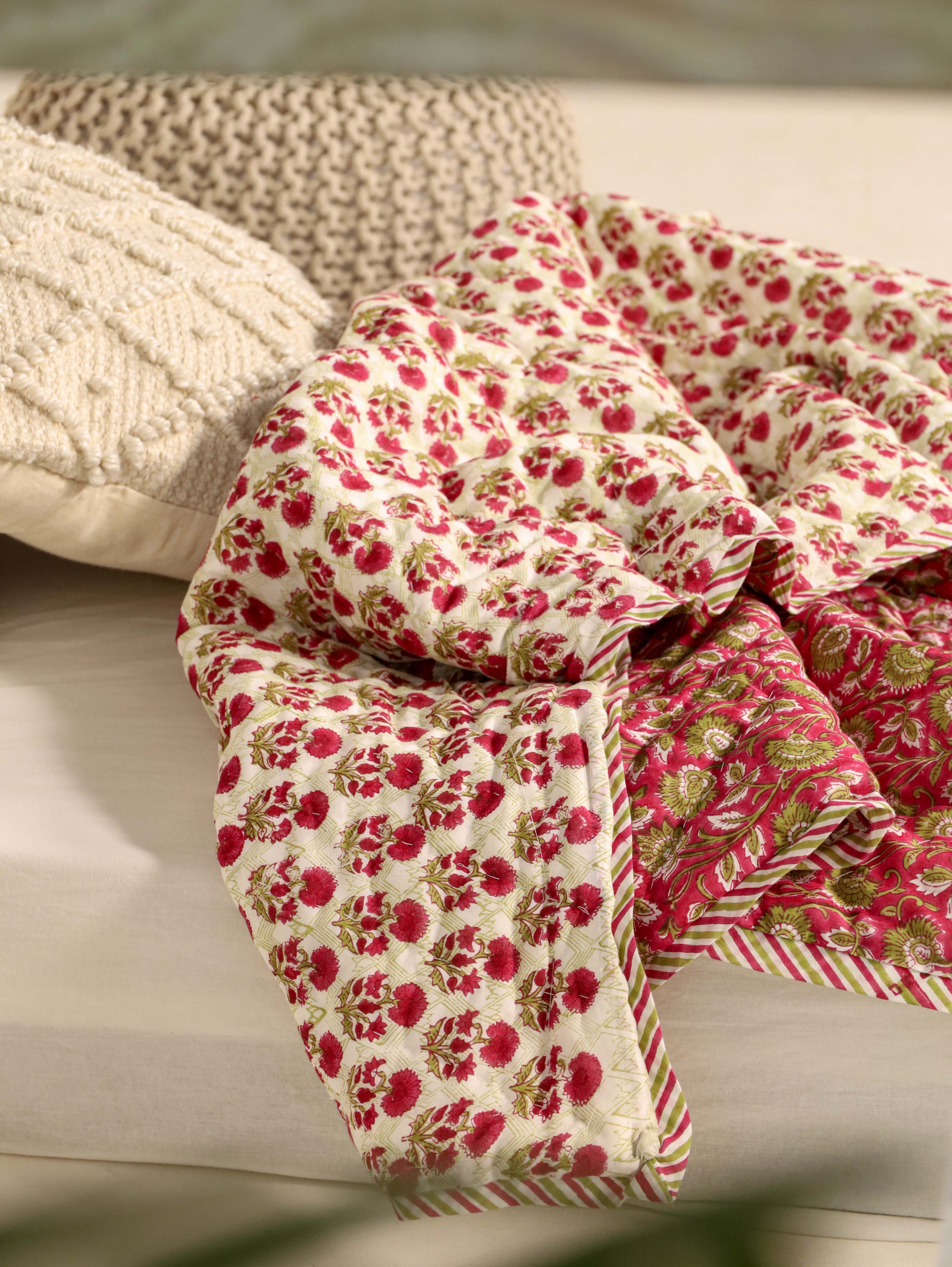 Green and Hot Pink Single Bed Reversible Quilted Razai