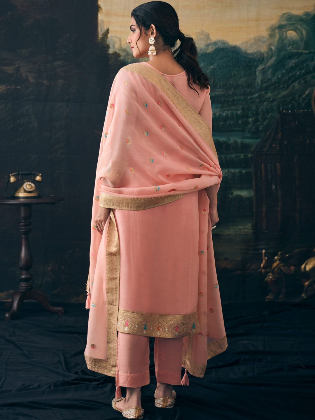 Label khoj Women pure jacquard kurta, trouser and dupptta set