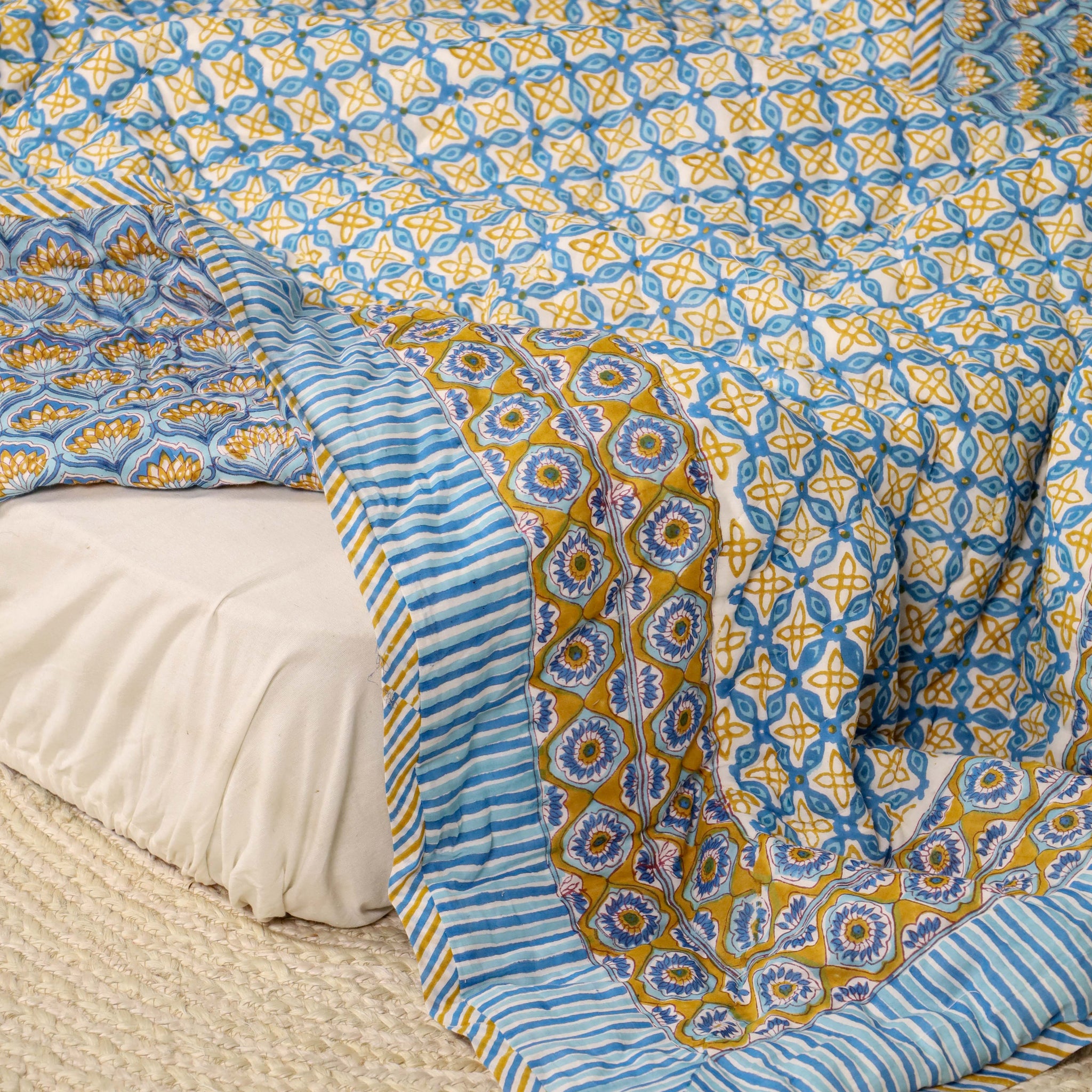 Camel and blue color Single Bed Reversible Quilted Razai
