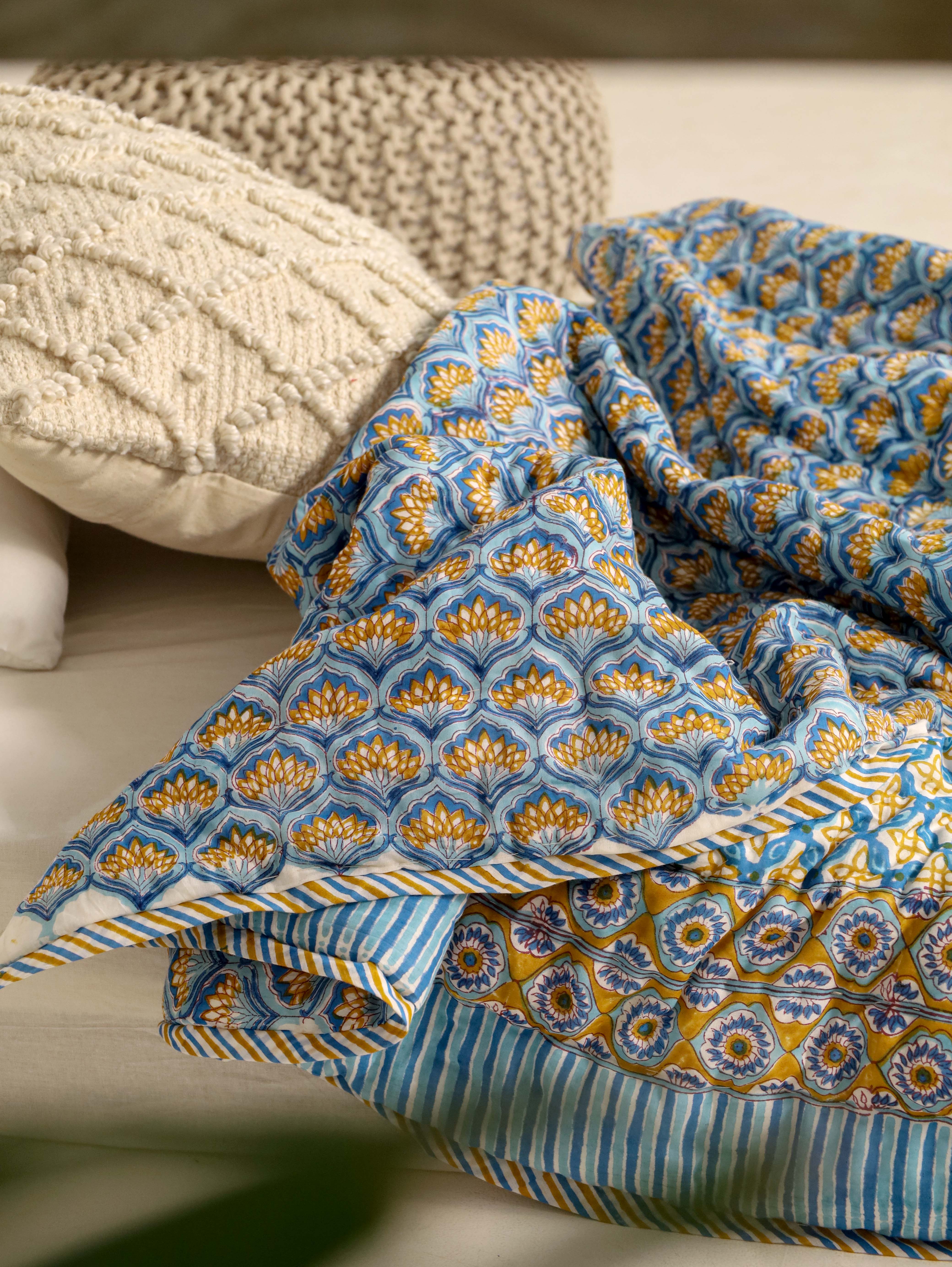 Camel and blue color Single Bed Reversible Quilted Razai