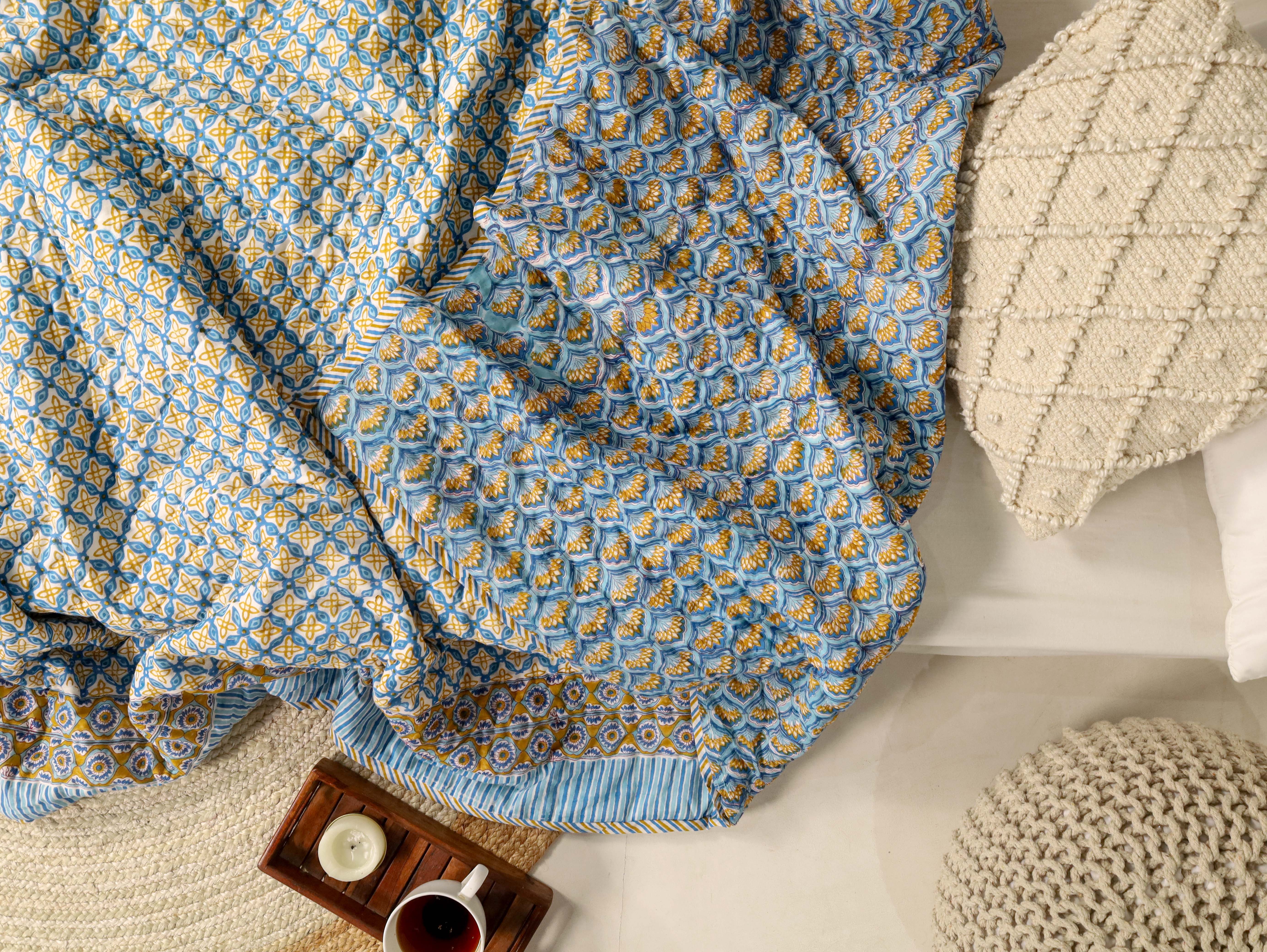 Camel and blue color Single Bed Reversible Quilted Razai
