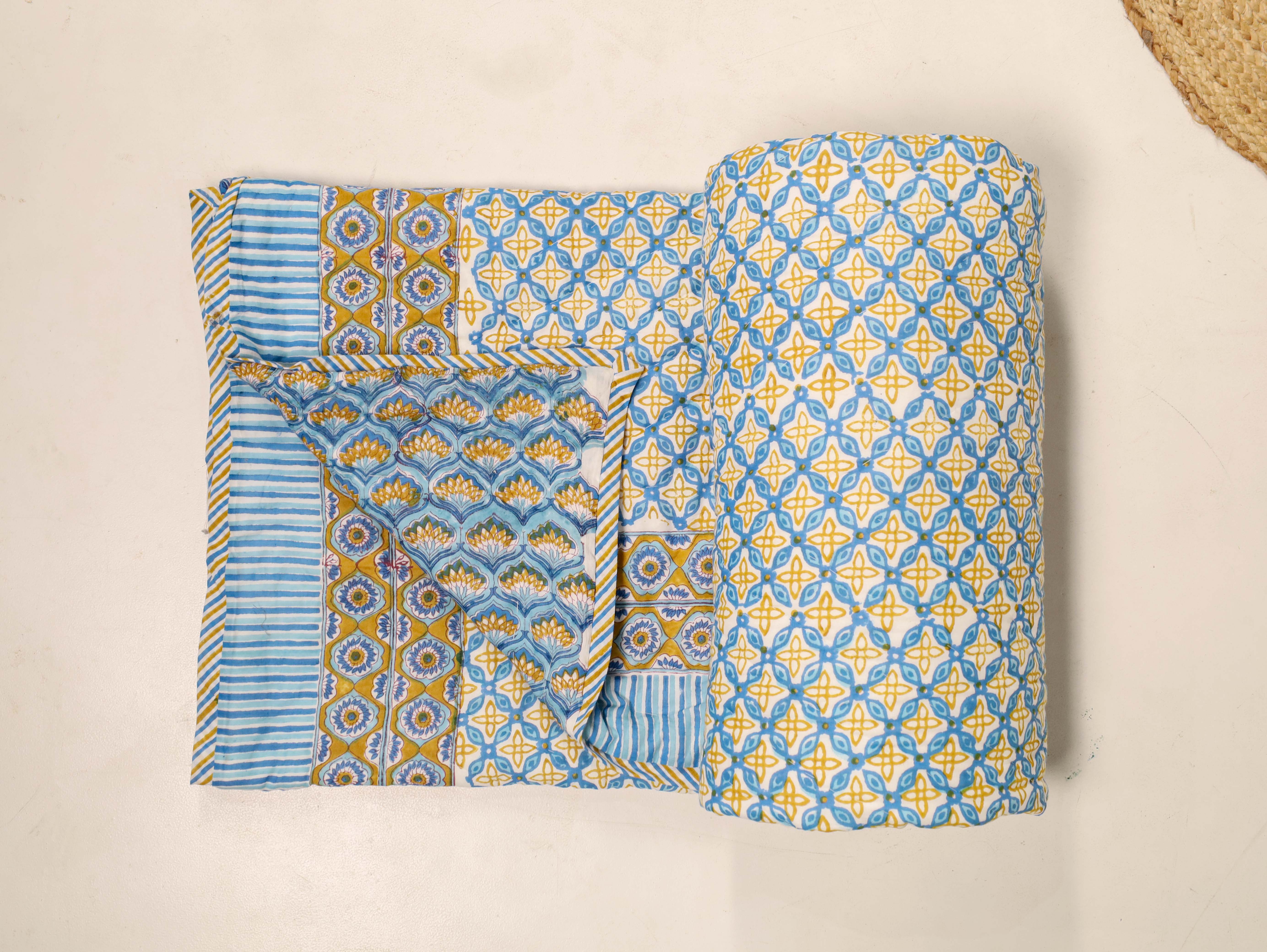 Camel and blue color Single Bed Reversible Quilted Razai