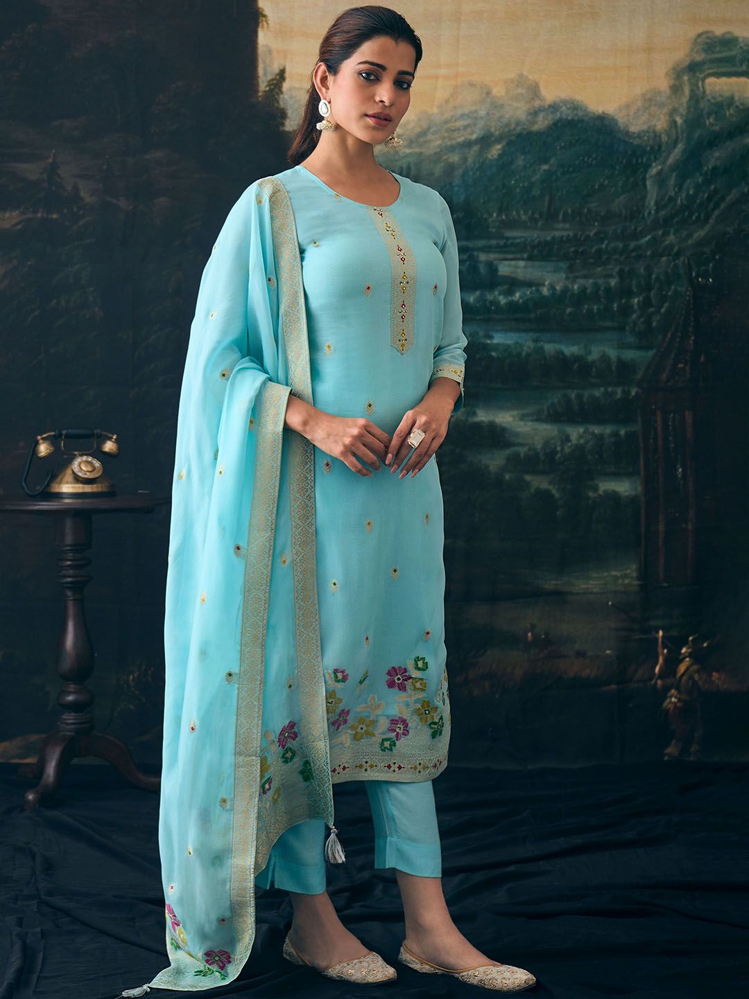 Label khoj Pure viscose Georgette silk with heavy Meena and handwork kurta set