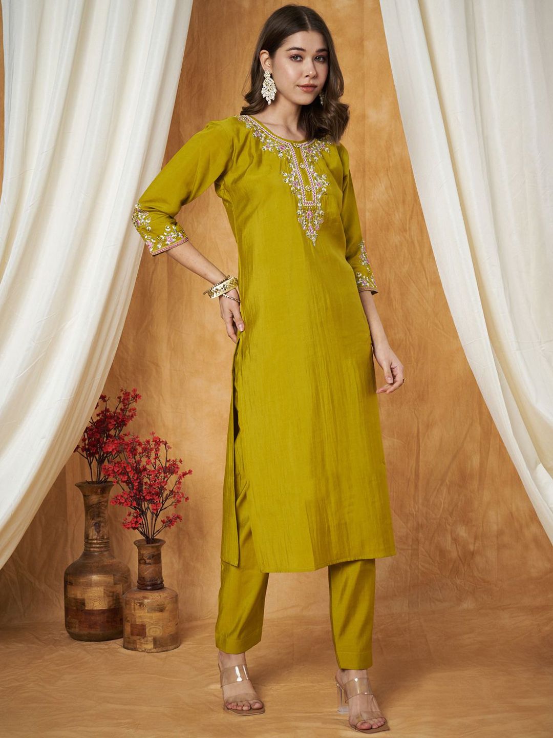 Label Khoj Women's Parrot Silk Blend Embroidery Kurta with Pant and Dupatta