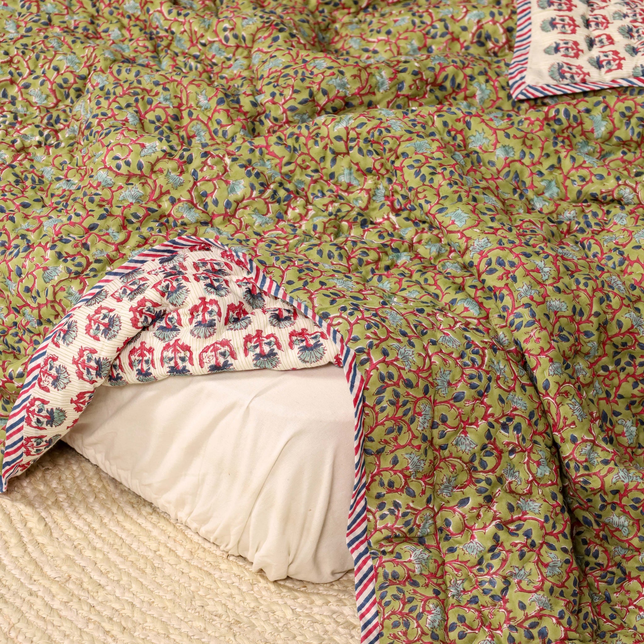 Light Green and Pink Single Bed Reversible Quilted Razai