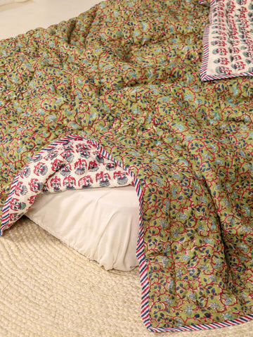 Light Green and Pink Single Bed Reversible Quilted Razai
