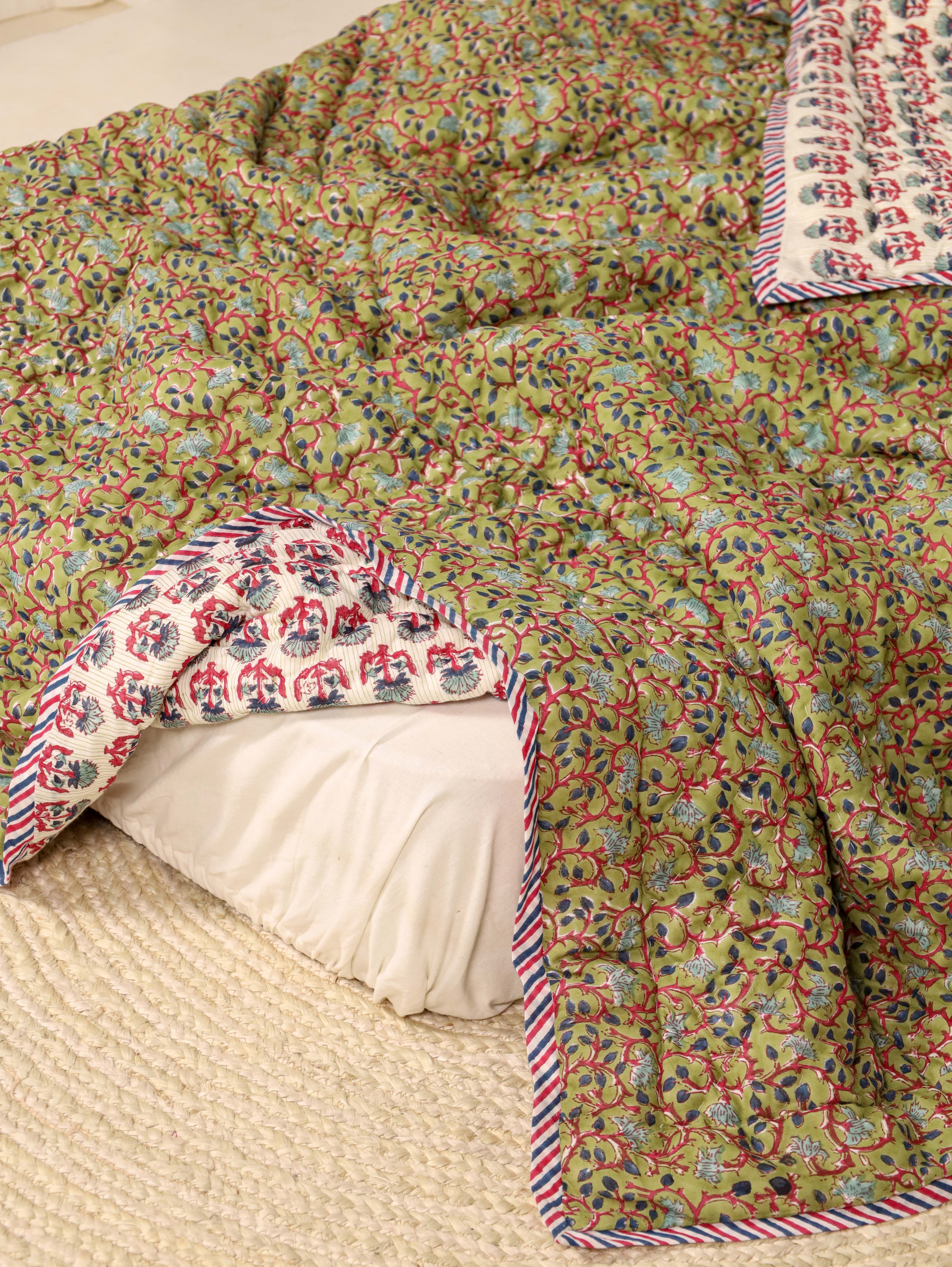 Light Green and Pink Single Bed Reversible Quilted Razai
