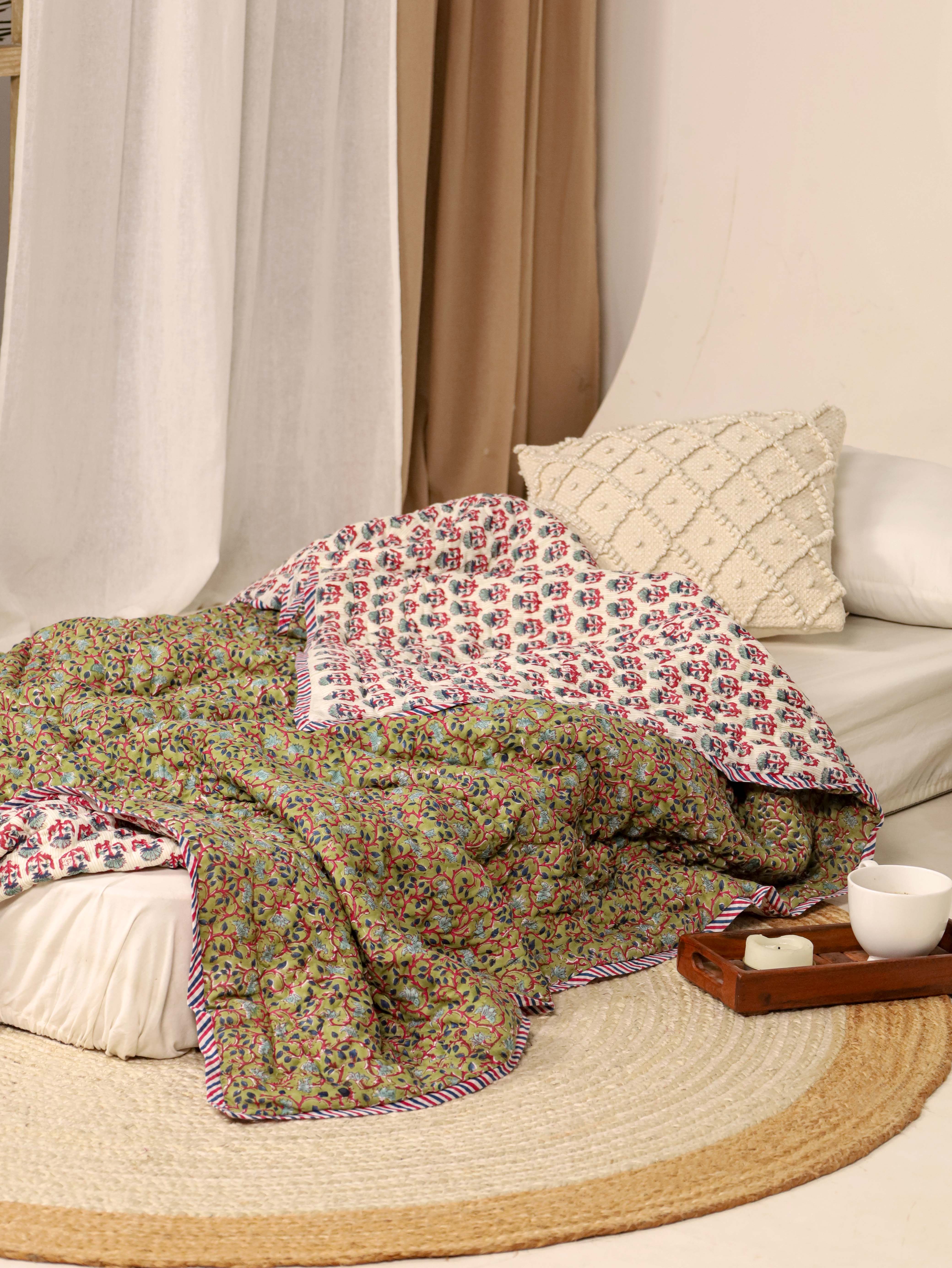 Light Green and Pink Single Bed Reversible Quilted Razai