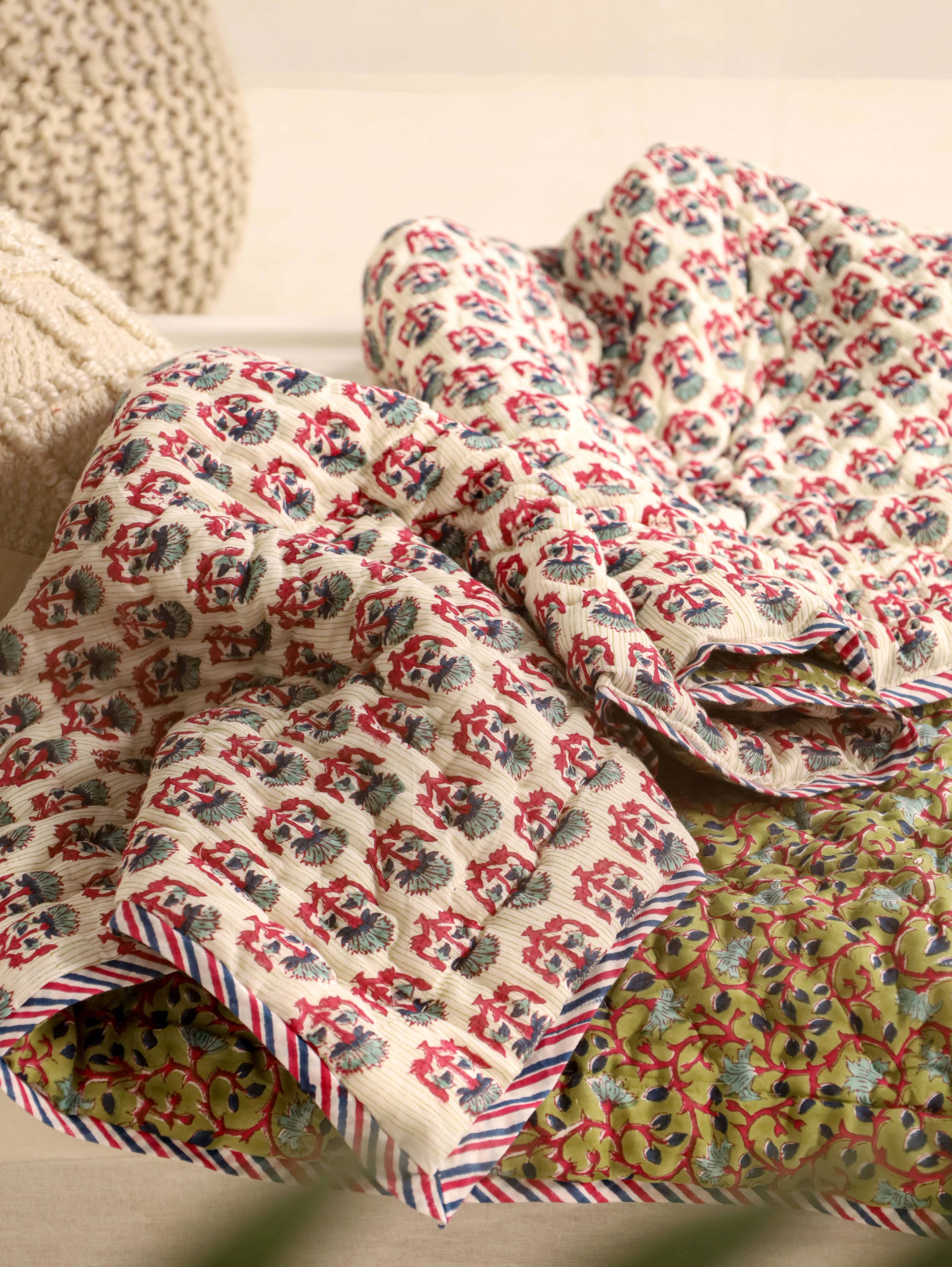 Light Green and Pink Single Bed Reversible Quilted Razai