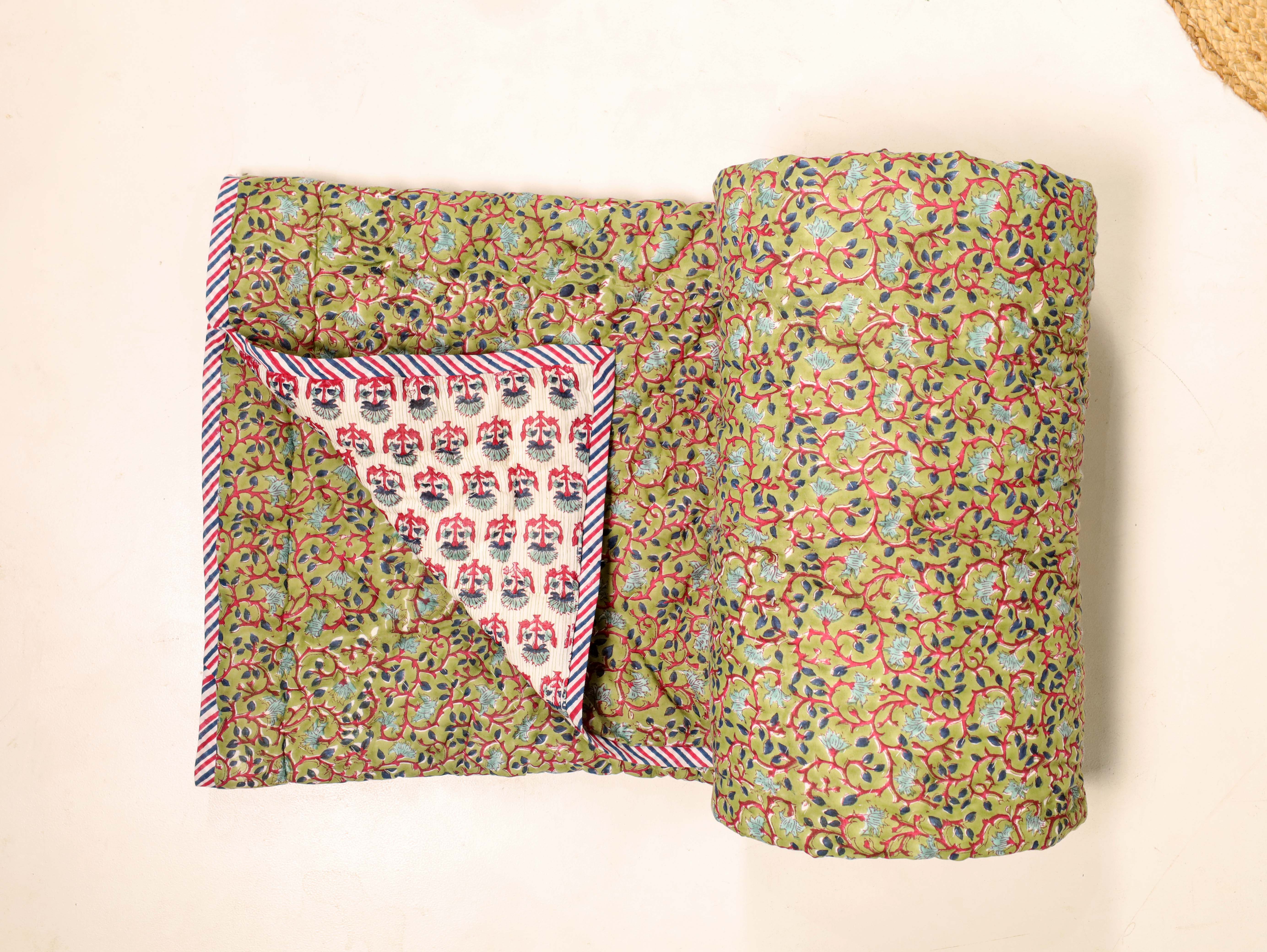 Light Green and Pink Single Bed Reversible Quilted Razai
