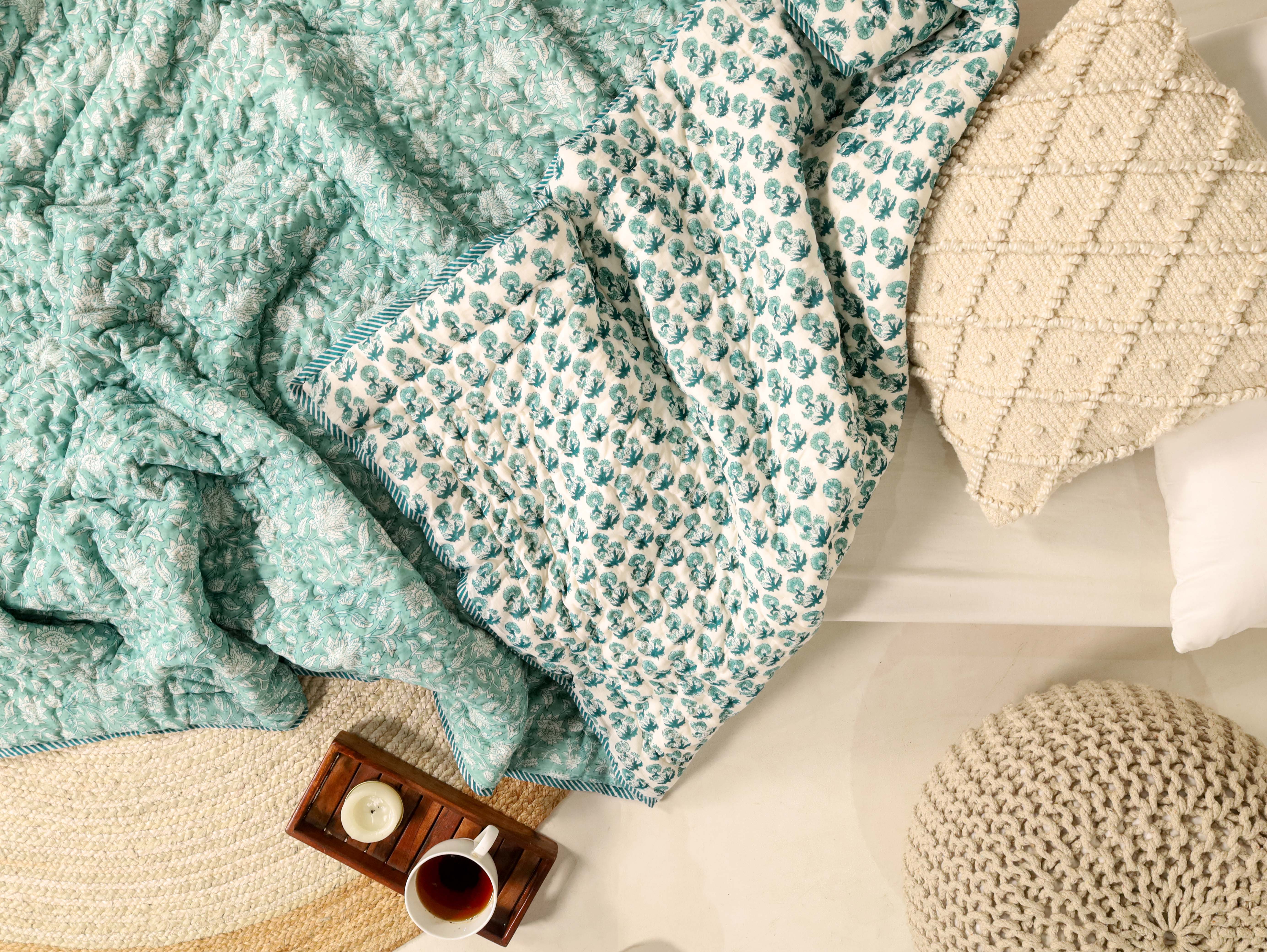 Teal and Light Blue Single Bed Reversible Quilted Razai
