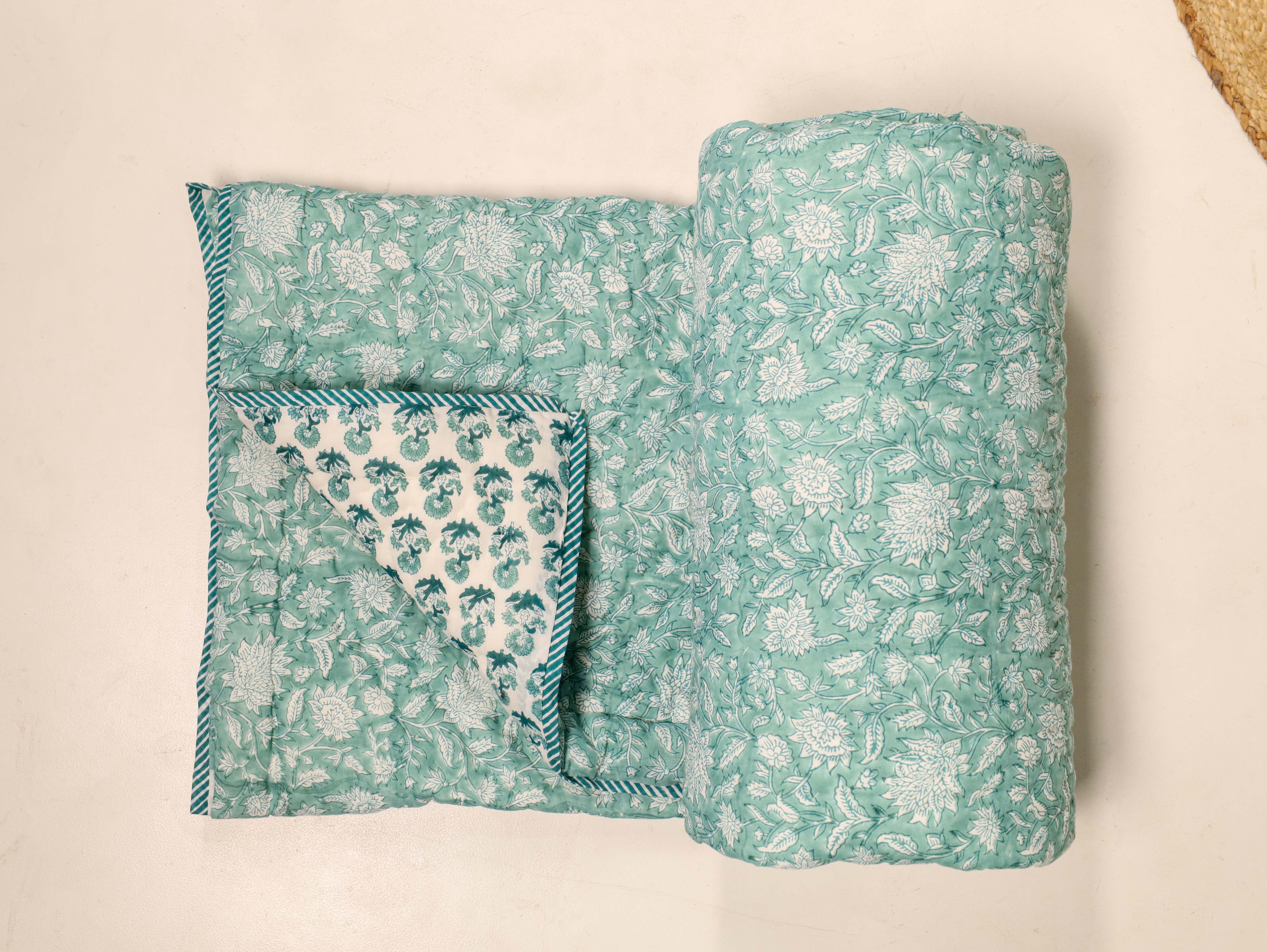 Teal and Light Blue Single Bed Reversible Quilted Razai