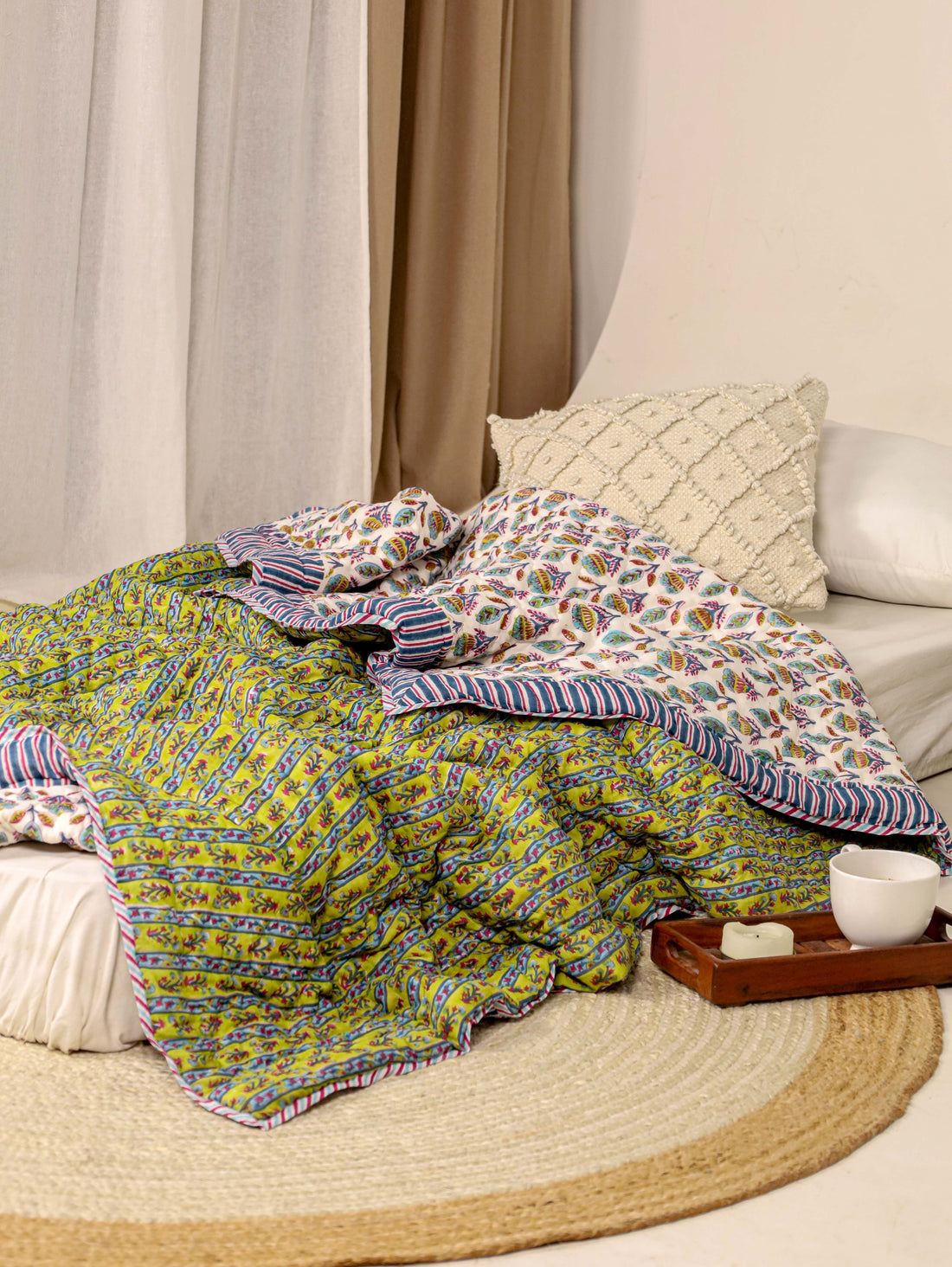 Light Green and Blue Single Bed Reversible Quilted Razai