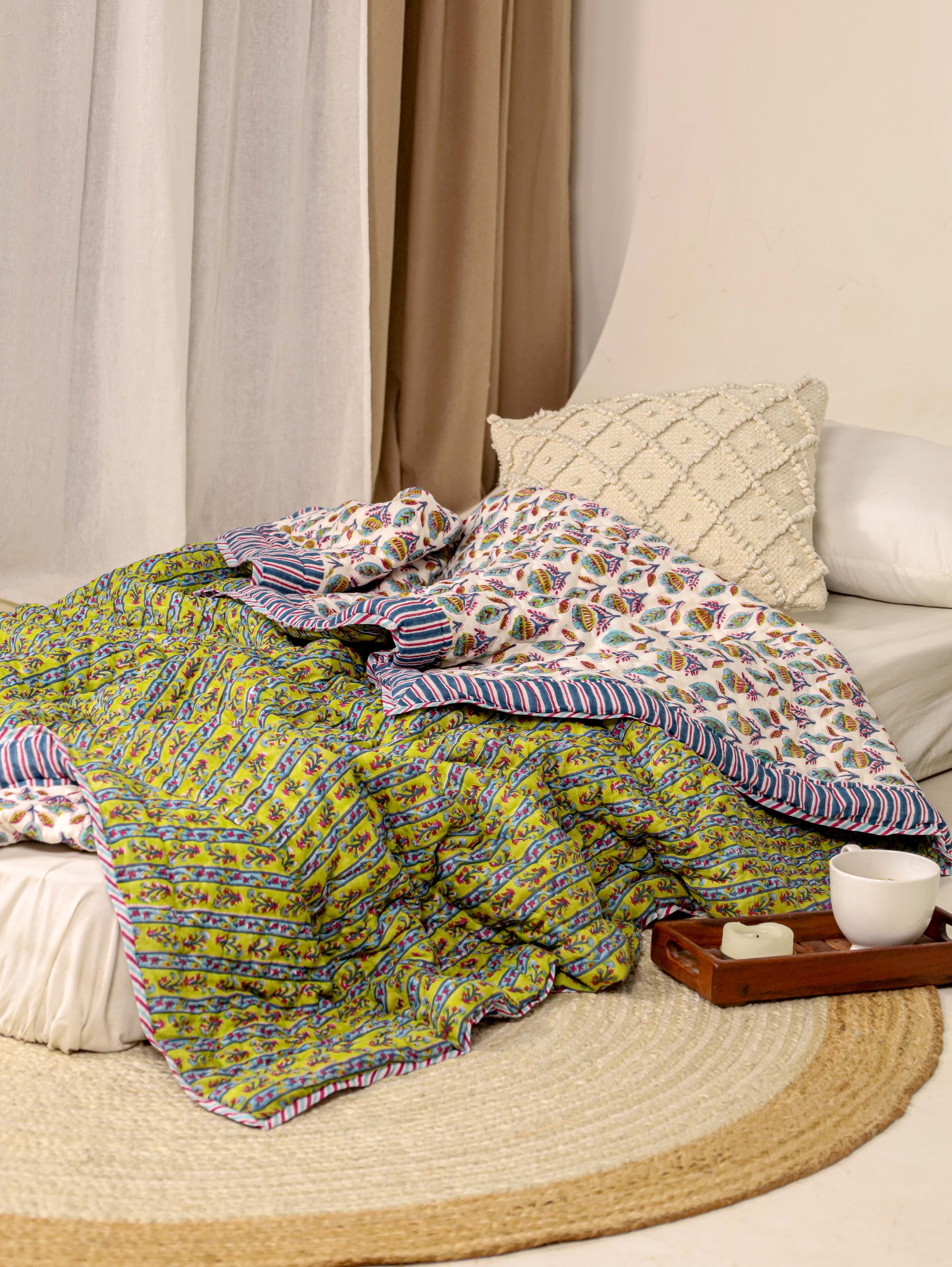 Light Green and Blue Single Bed Reversible Quilted Razai