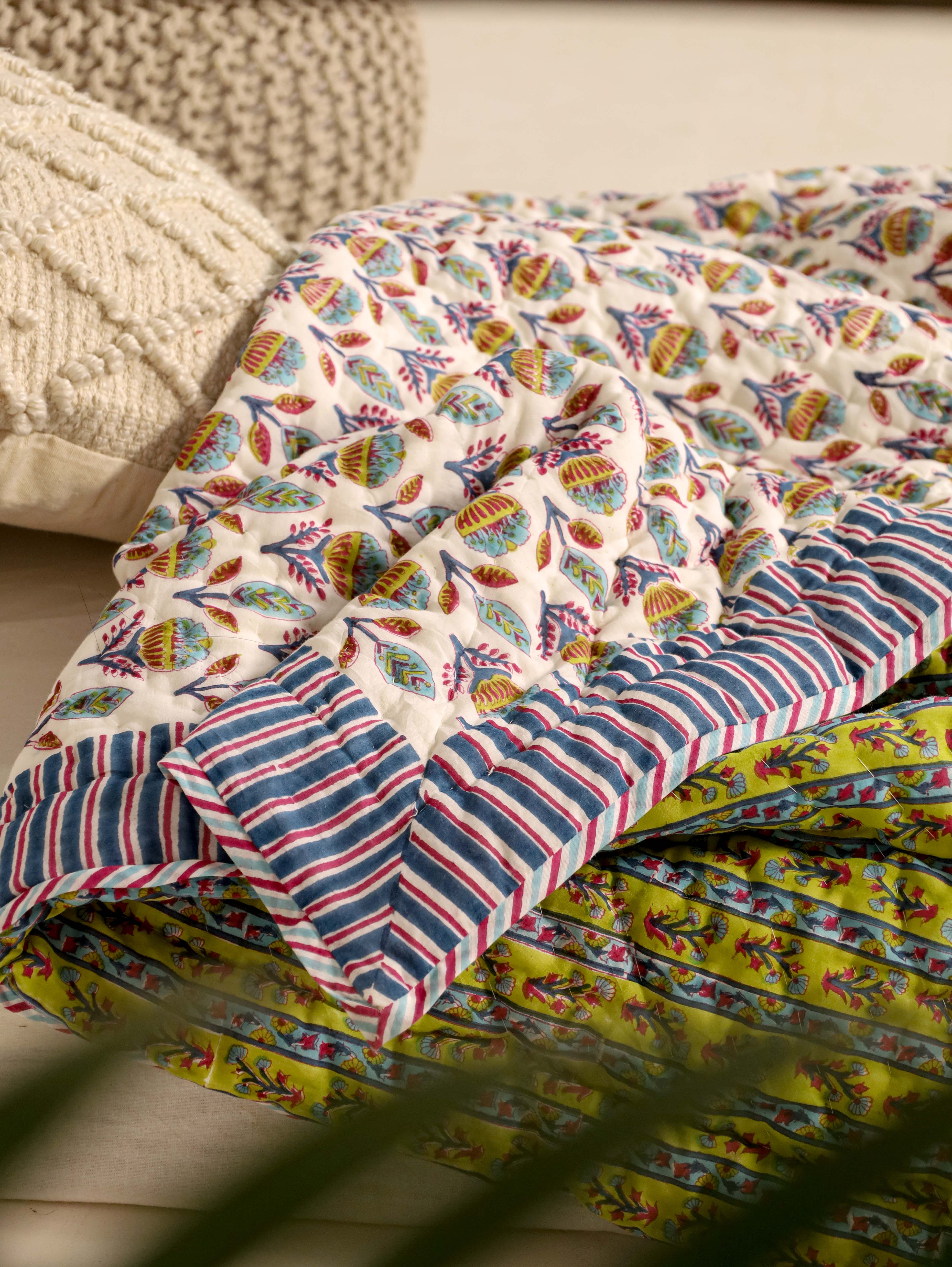 Light Green and Blue Single Bed Reversible Quilted Razai