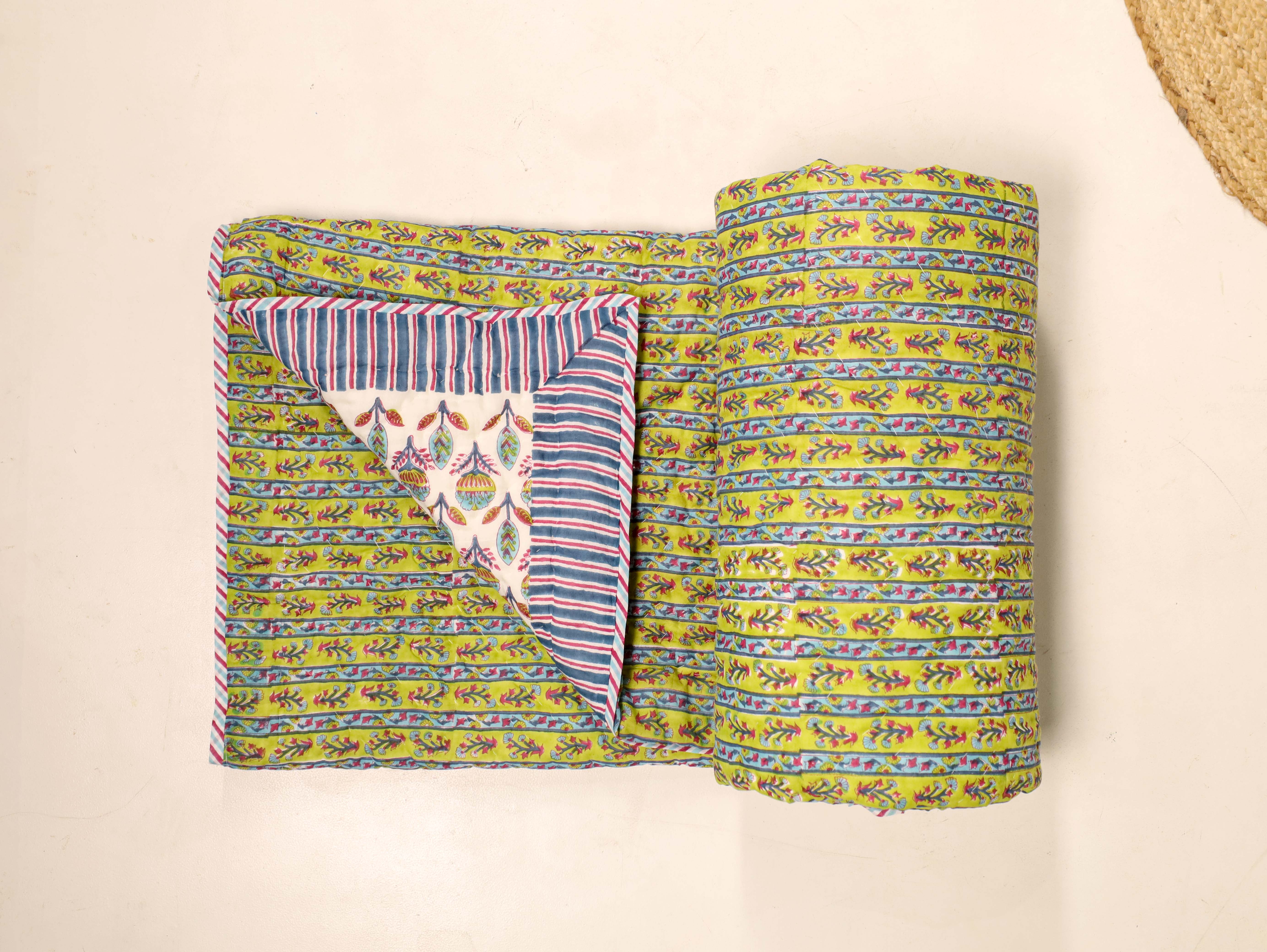 Light Green and Blue Single Bed Reversible Quilted Razai