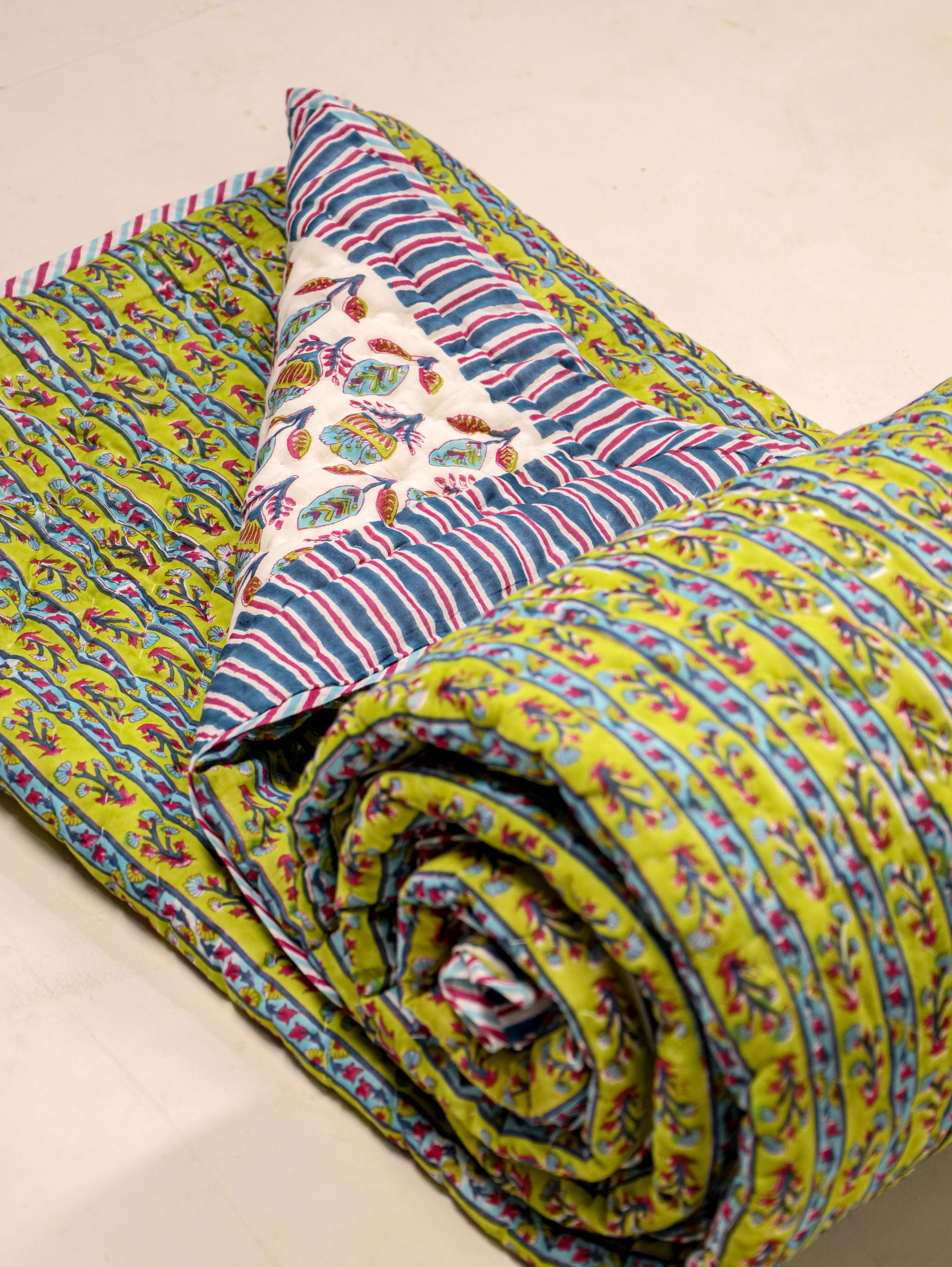 Light Green and Blue Single Bed Reversible Quilted Razai