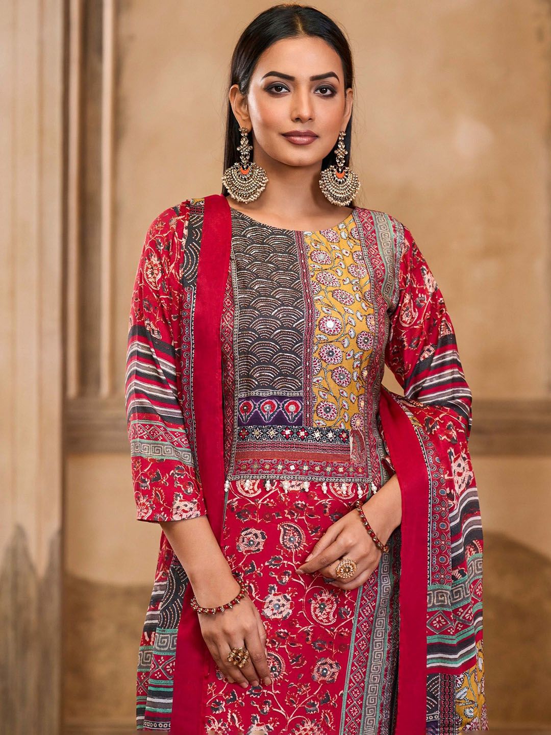 Label khoj Women maslin priint kurta, trouser and dupptta set