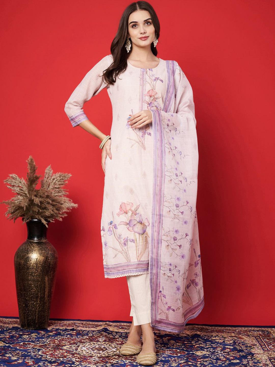 Label khoj cotton kurta with bottom and dupptta setCream Color
