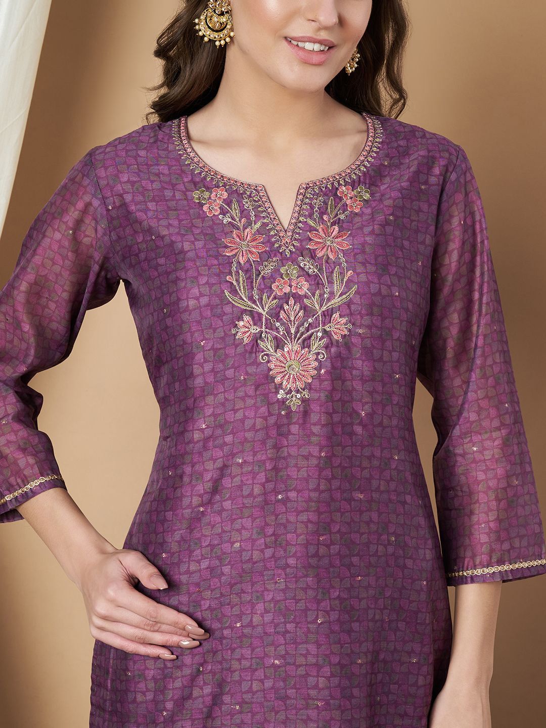 Label Khoj Women's Violet Chanderi Embroidered Kurta with Pant and Violet Dupatta