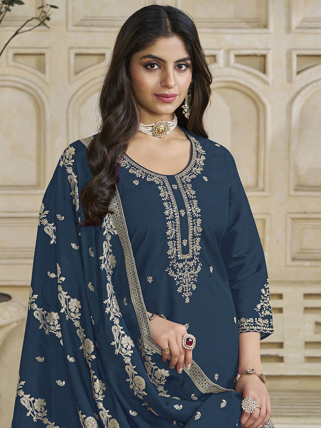 Label Khoj Women Roman Silk Embroidery  Work Blue Color Kurta & Bottom With Dupatta  Set