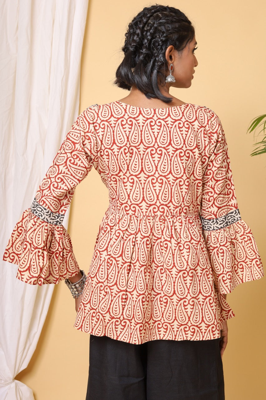 Rust Handblock Printed Short Top