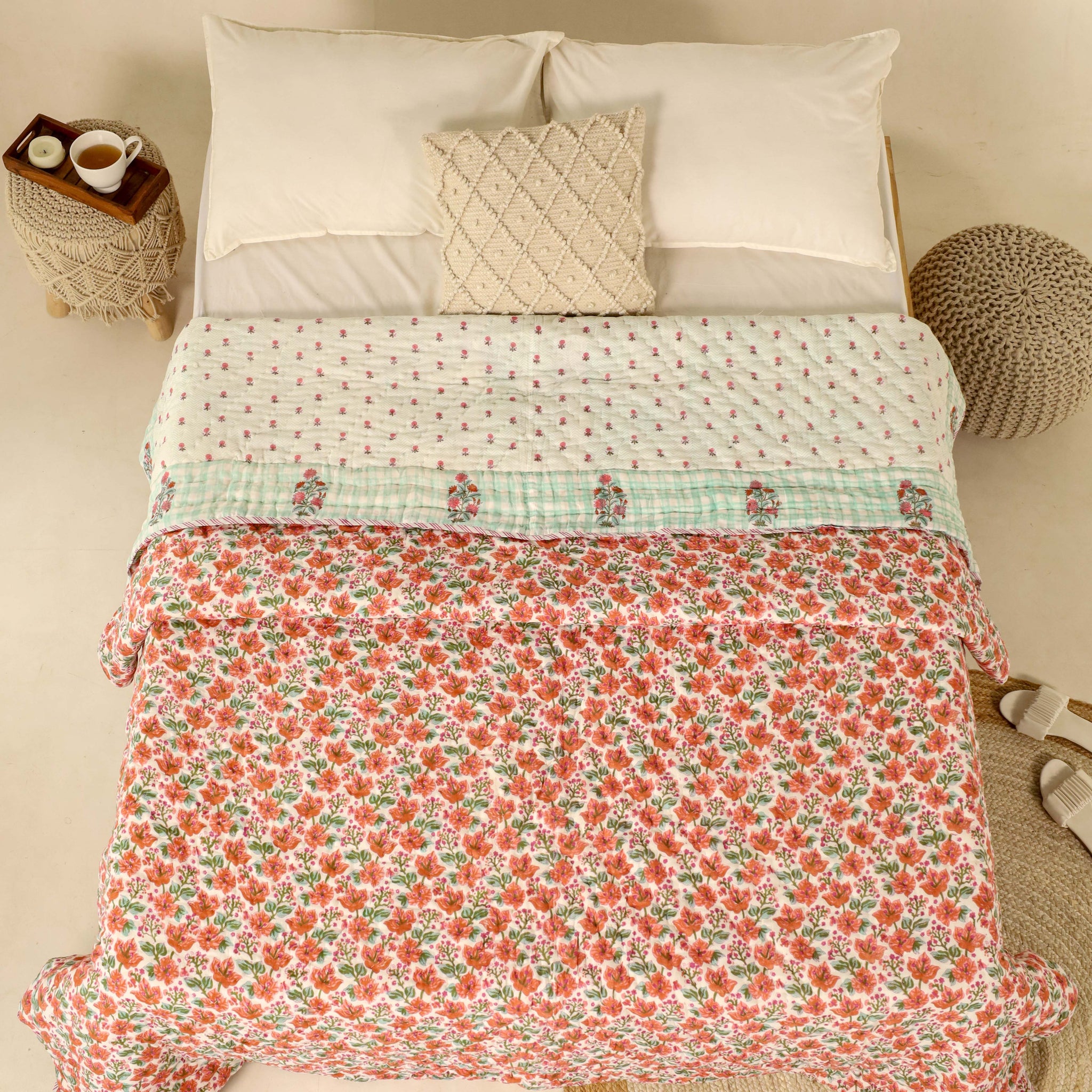 Orange and Green Reversible Quilted Bed Razai