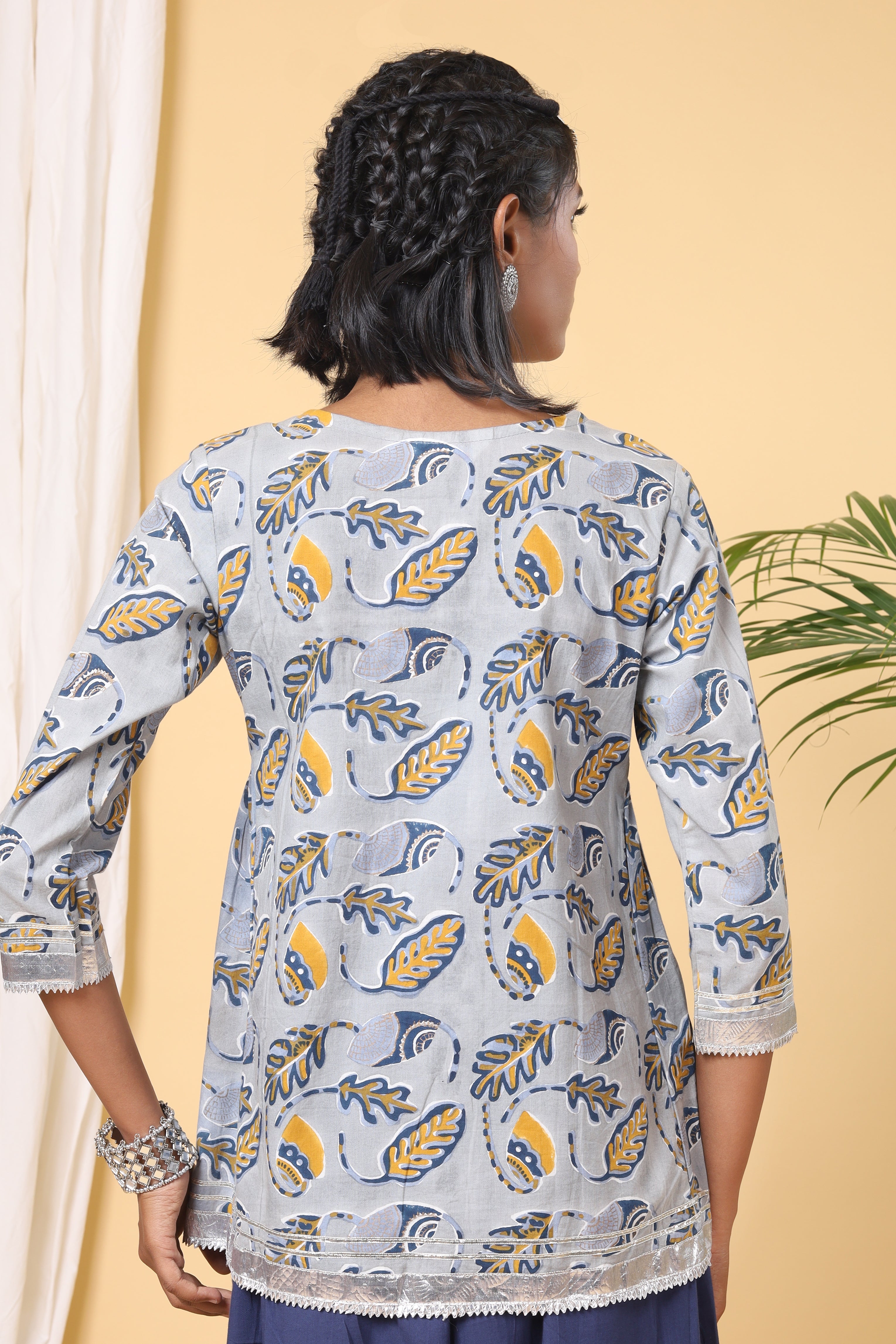 Water Chestnut White Venation Pattern Hand Block Printed Tier Top