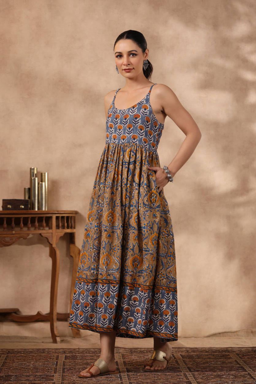 Shuddhi BlUE and Brown Spaghetti Dress