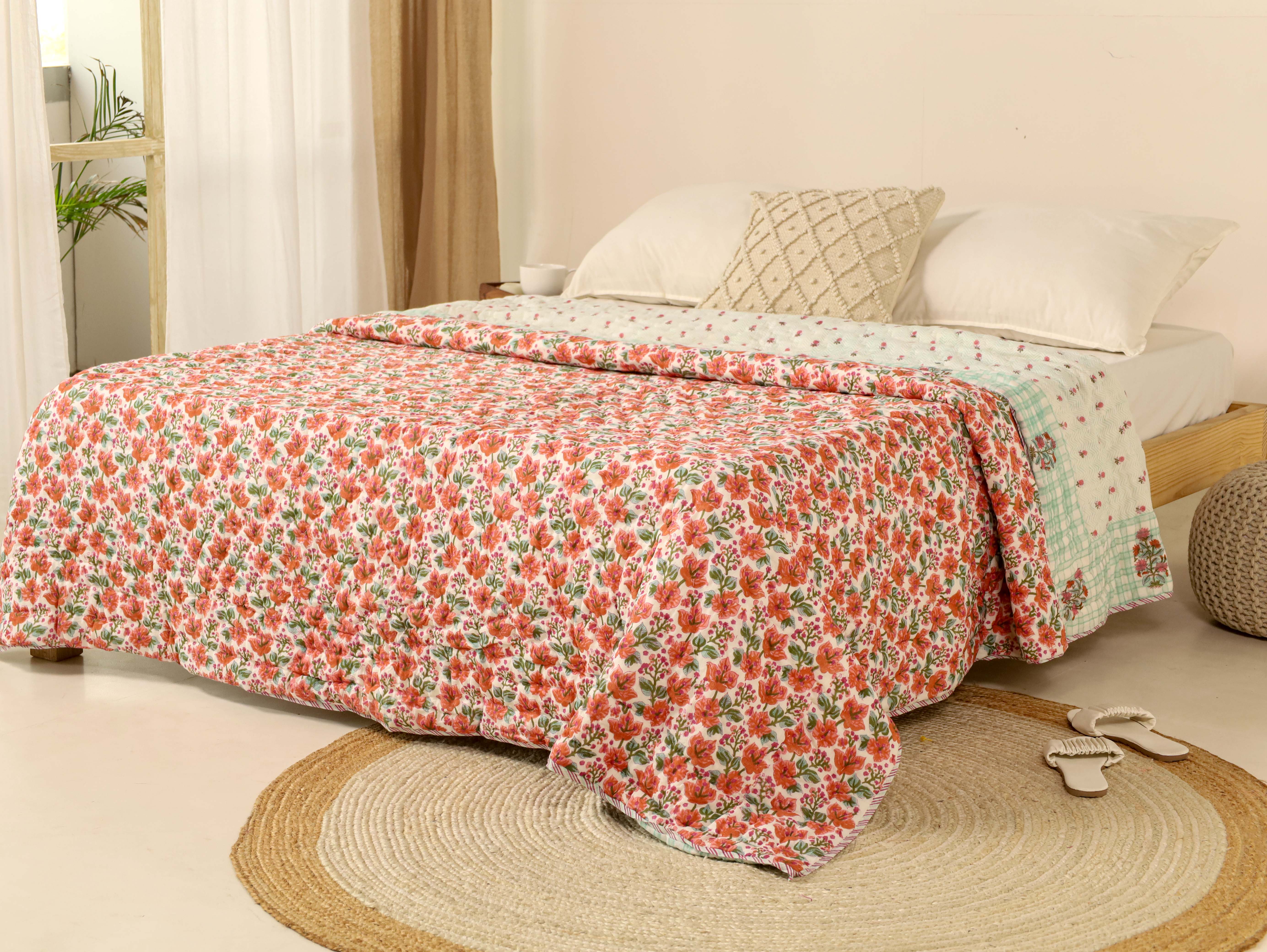 Orange and Green Reversible Quilted Bed Razai