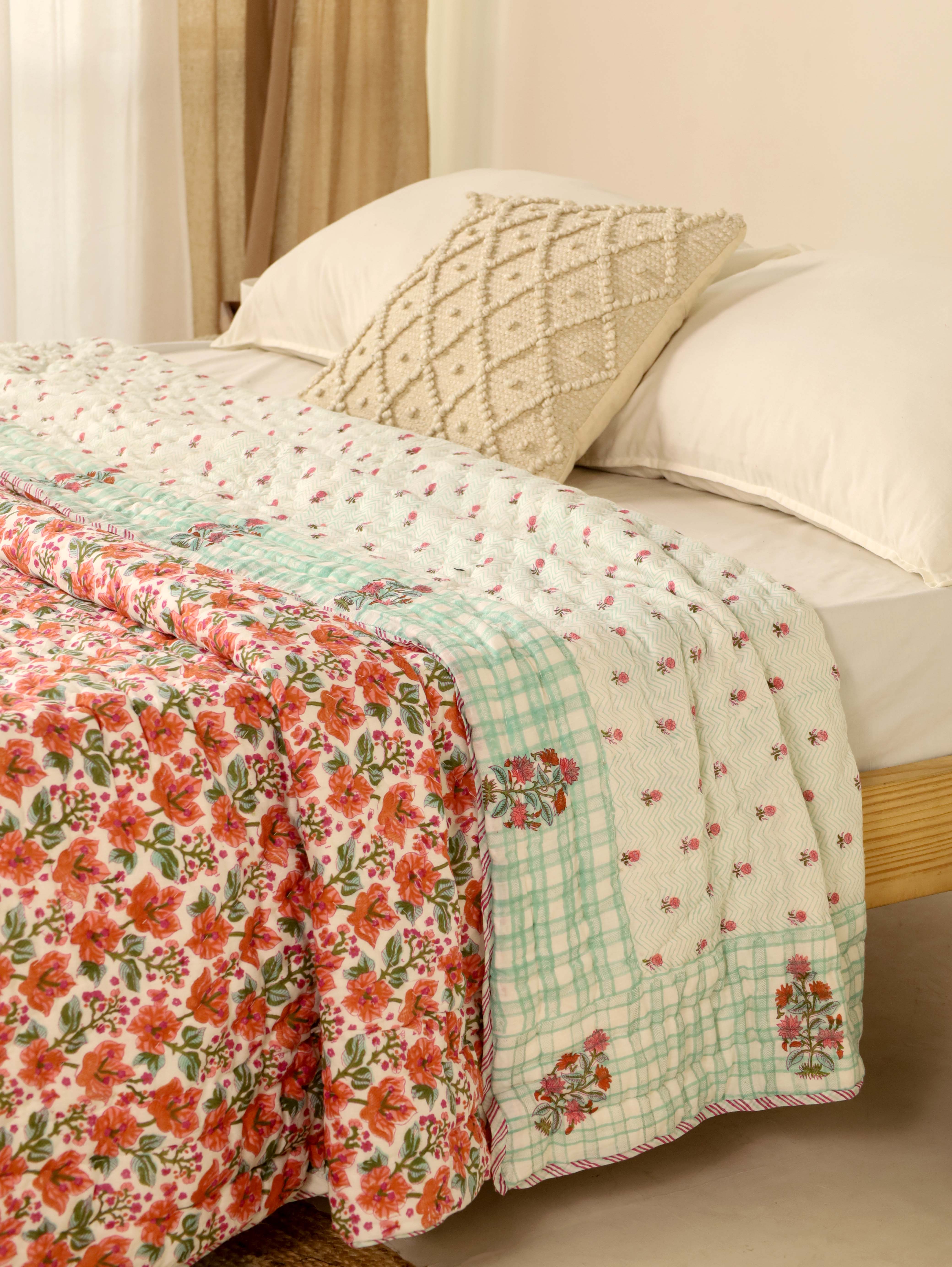 Orange and Green Reversible Quilted Bed Razai