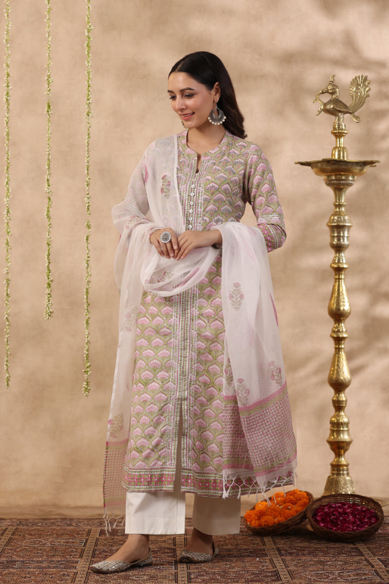 Shuddhi green and pink 2 piece kurta set