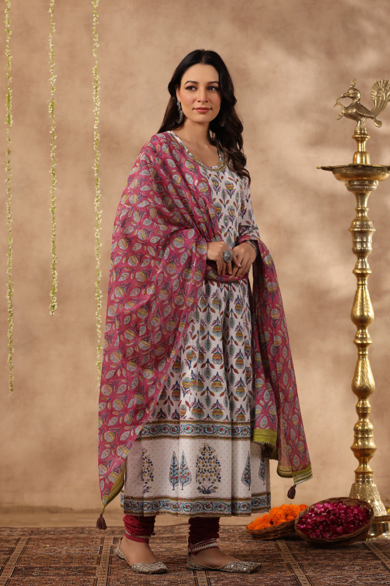 Shuddhi White and Teal aNarkali Kurta with Chanderi Duppata