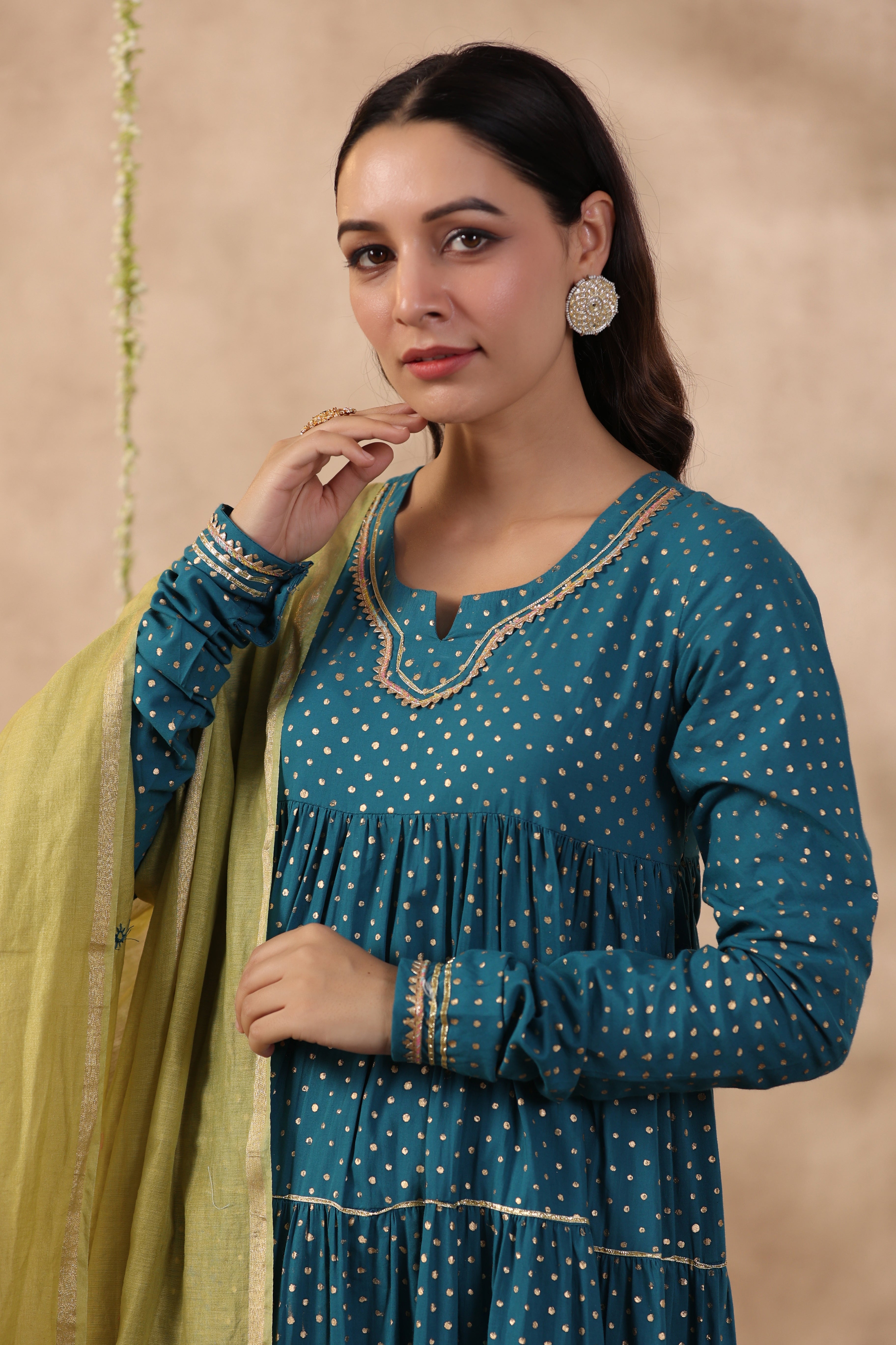 Shuddhi Teal Green tier kurta with chuddidar and duppatta