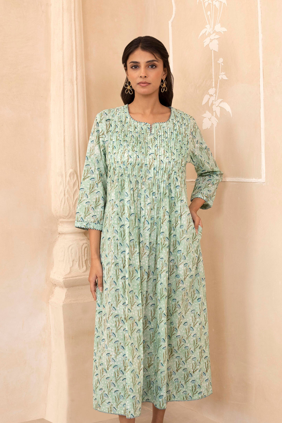 Mint Green Handblock Pleated Dress
