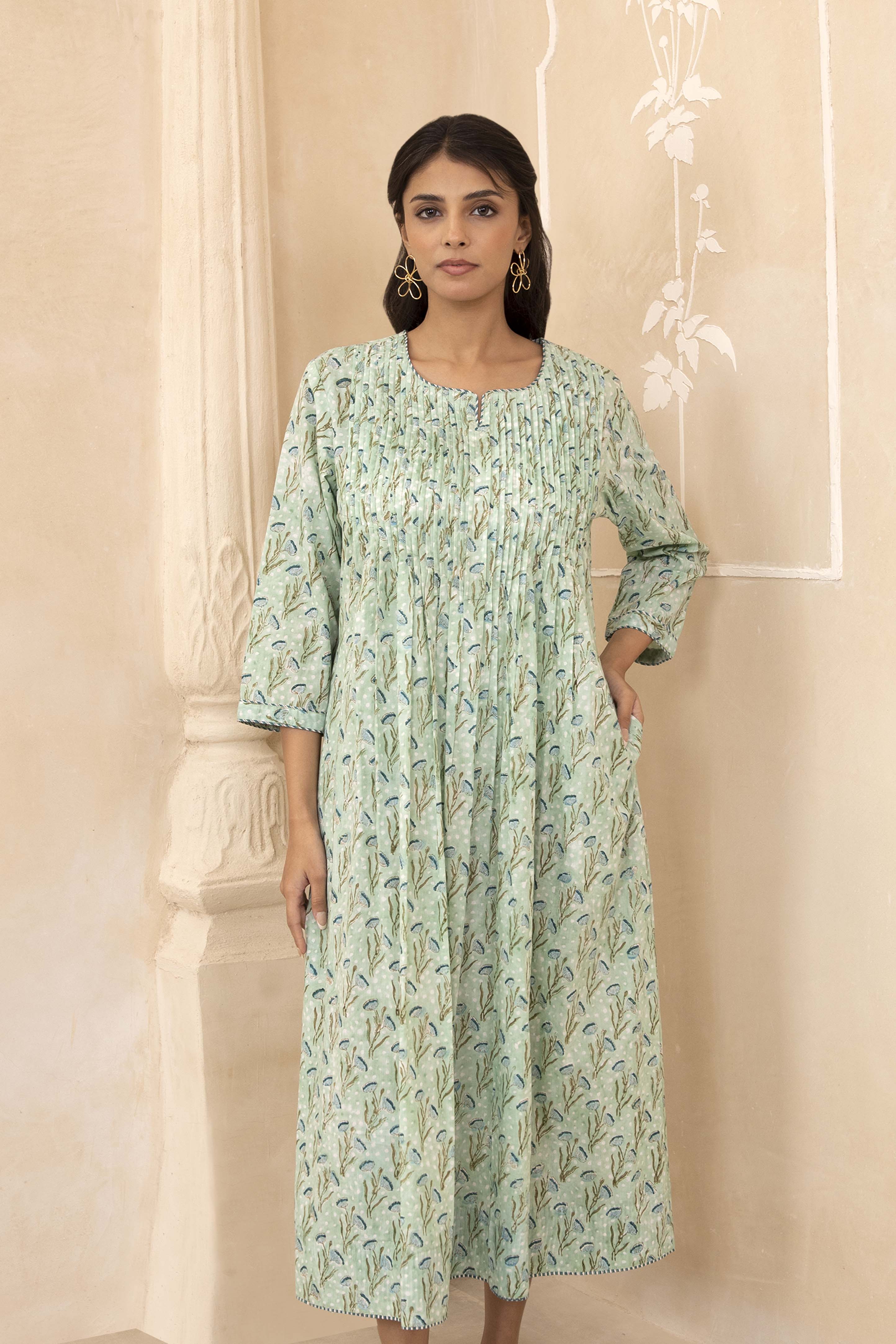 Mint Green Handblock Pleated Dress