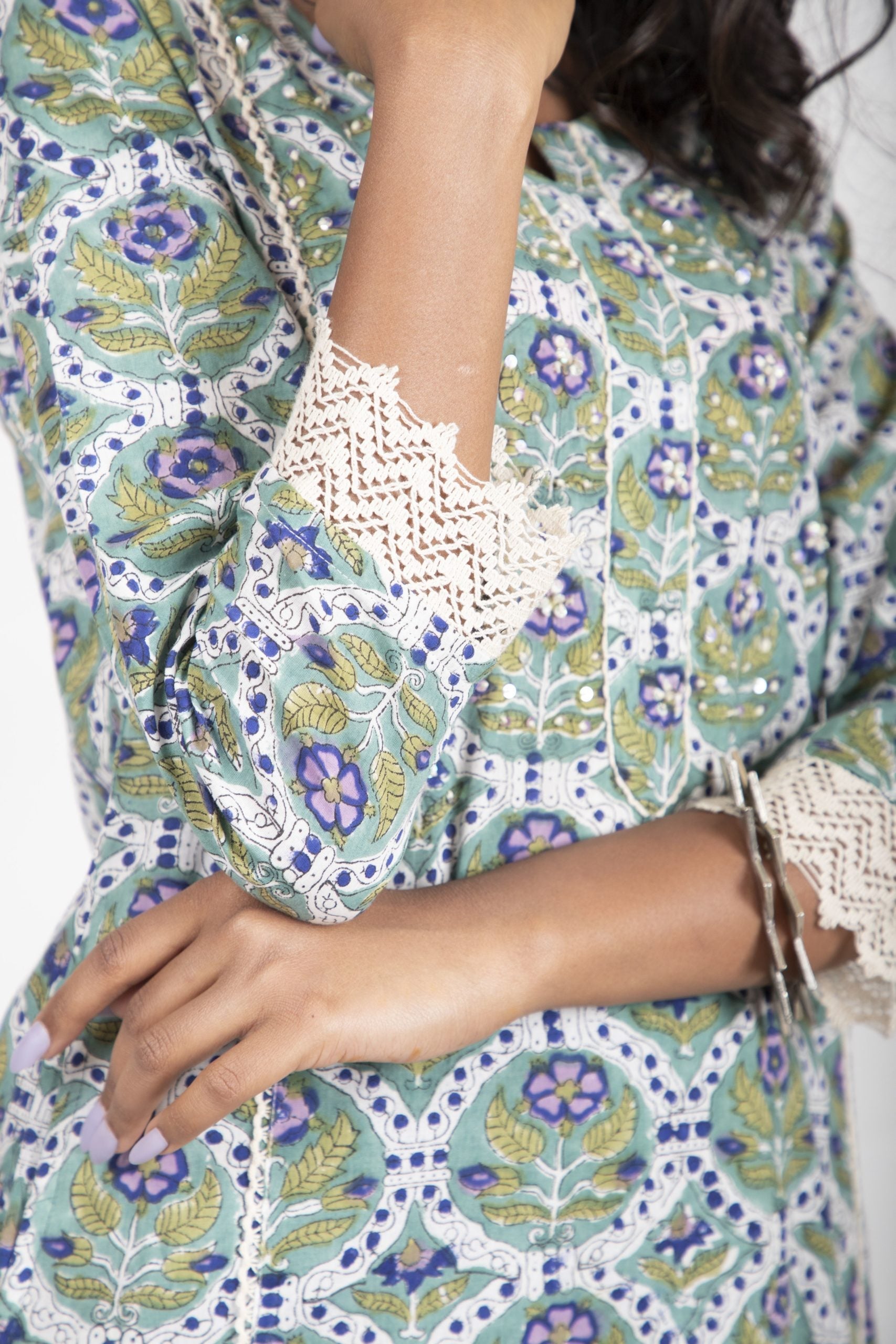 Pessian Green with a Combination of Azure Blue Handblock Printed Kurta