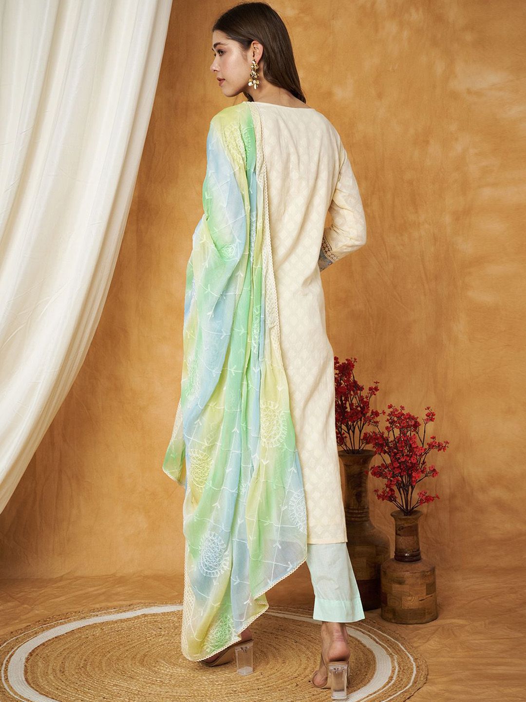 Label Khoj Women's Green Cotton Jacquard Patch Work Kurta with Pant and Dupatta