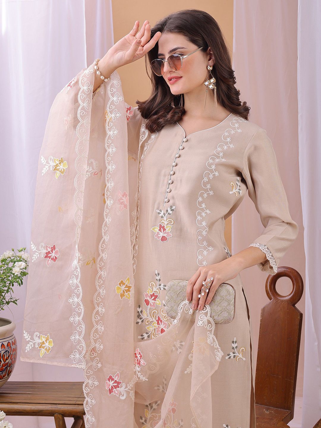 Label Khoj Women's Peach Silk Blend Thread Work Kurta with Pant and Peach Dupatta