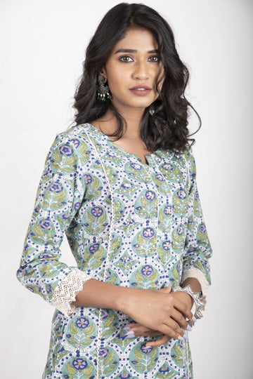 Pessian Green with a Combination of Azure Blue Handblock Printed Kurta