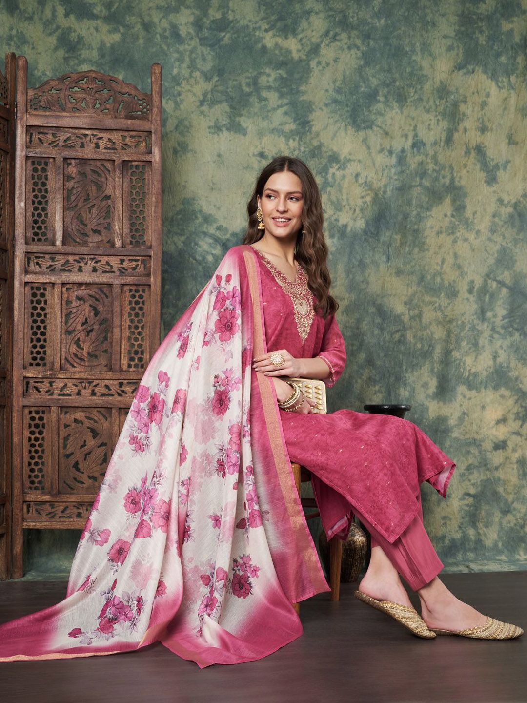 Label Khoj Women's Gajari Chanderi Embroidered Kurta with Pant and Gajari Dupatta