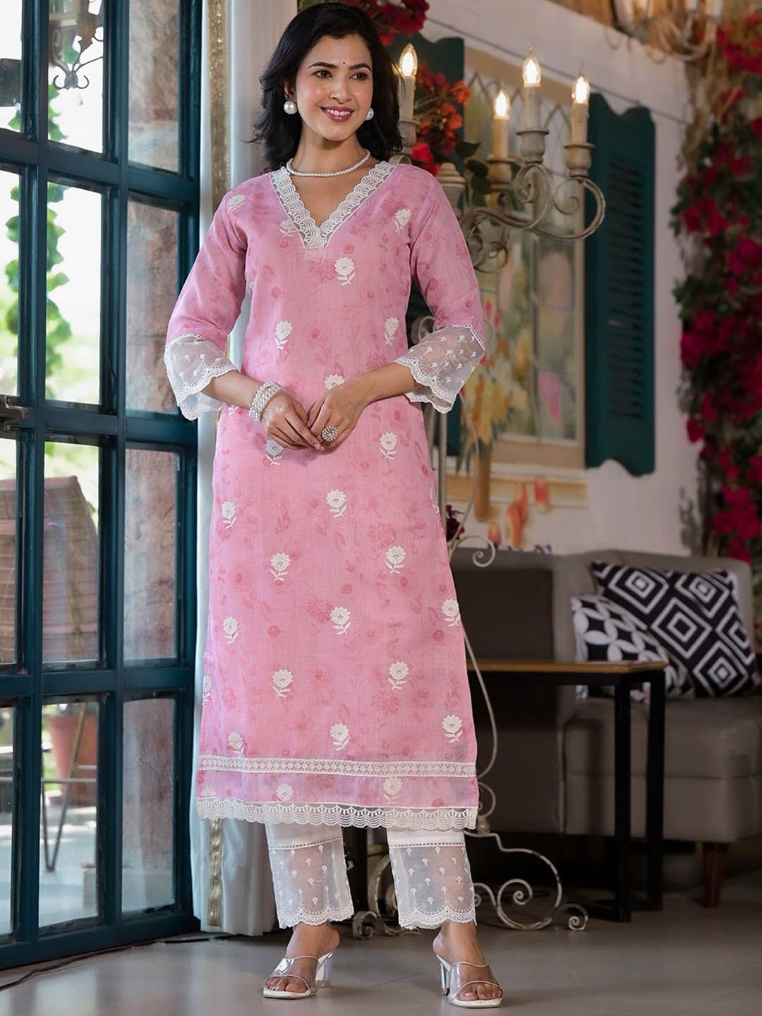 Label Khoj Women Lilen Digital print kurta, trouser and dupptta set