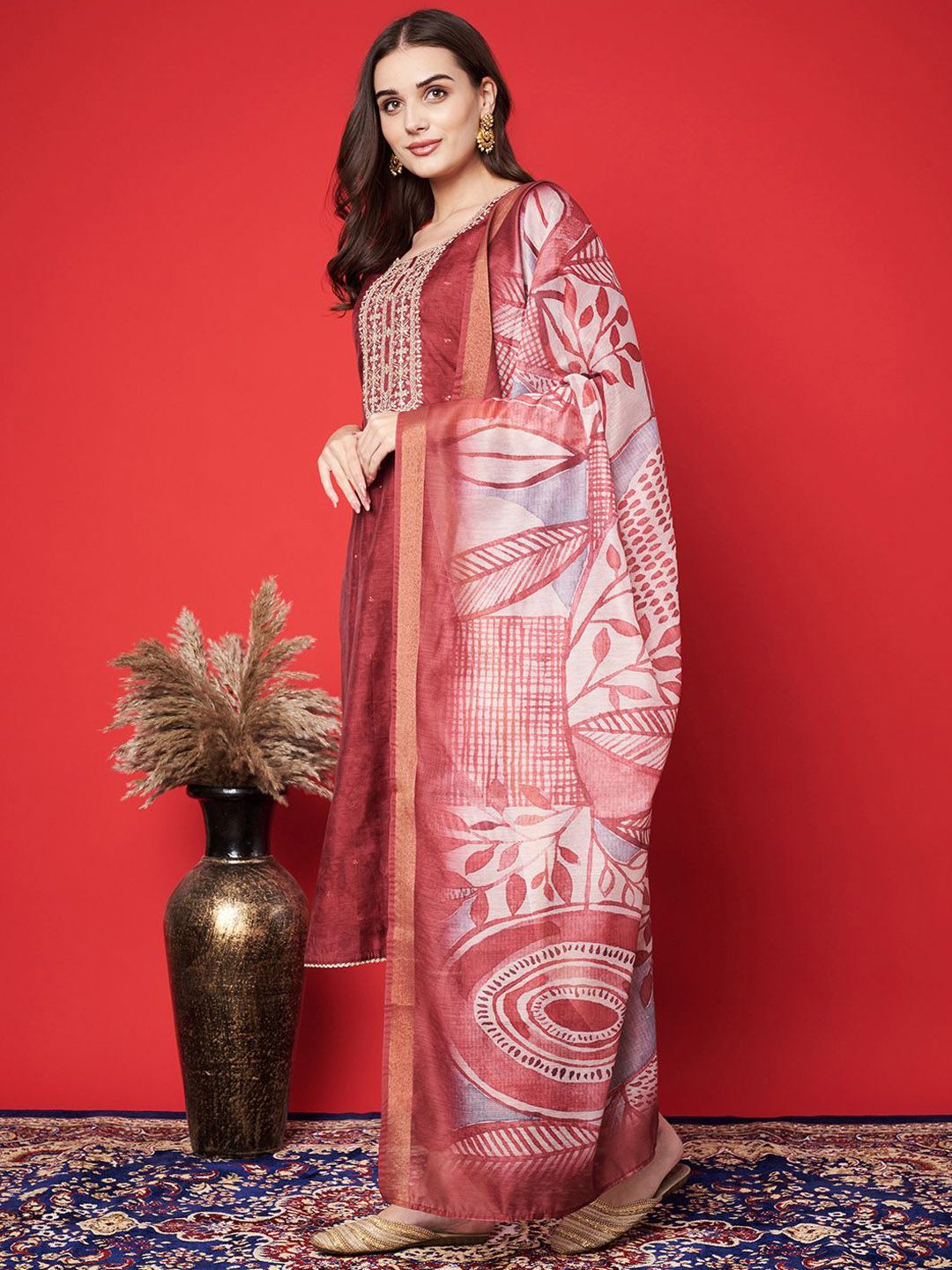 Label khoj chanderi kurta with bottom and dupptta setMaroon Color
