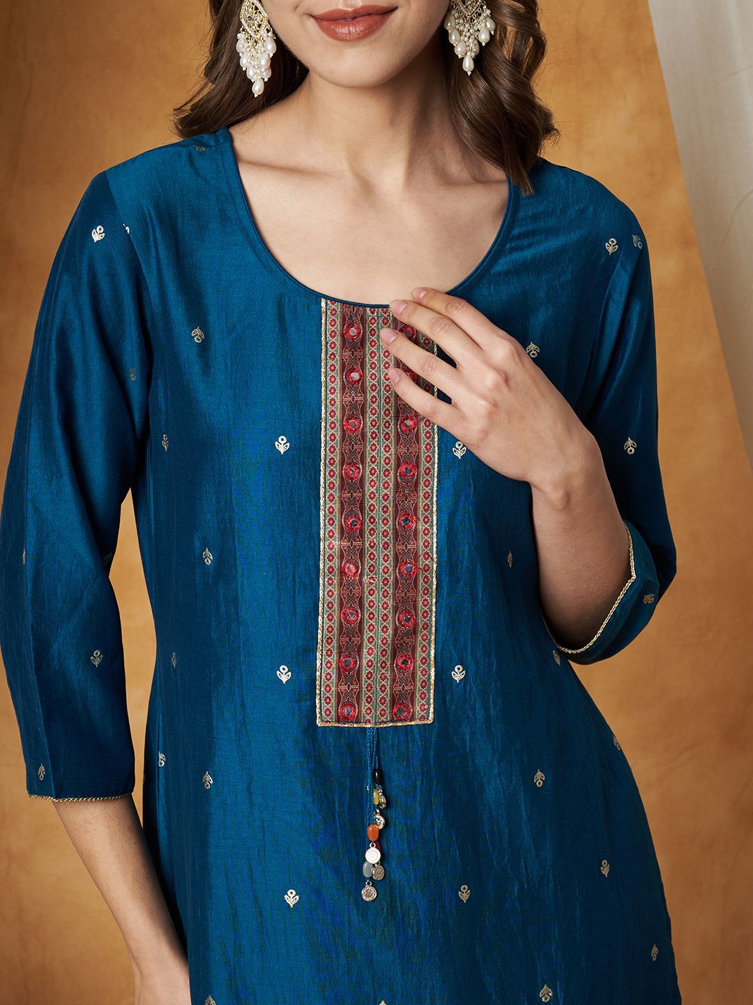 Label Khoj Women's Black Chinon Hand Embroidery Kurta with Pant and Dupatta